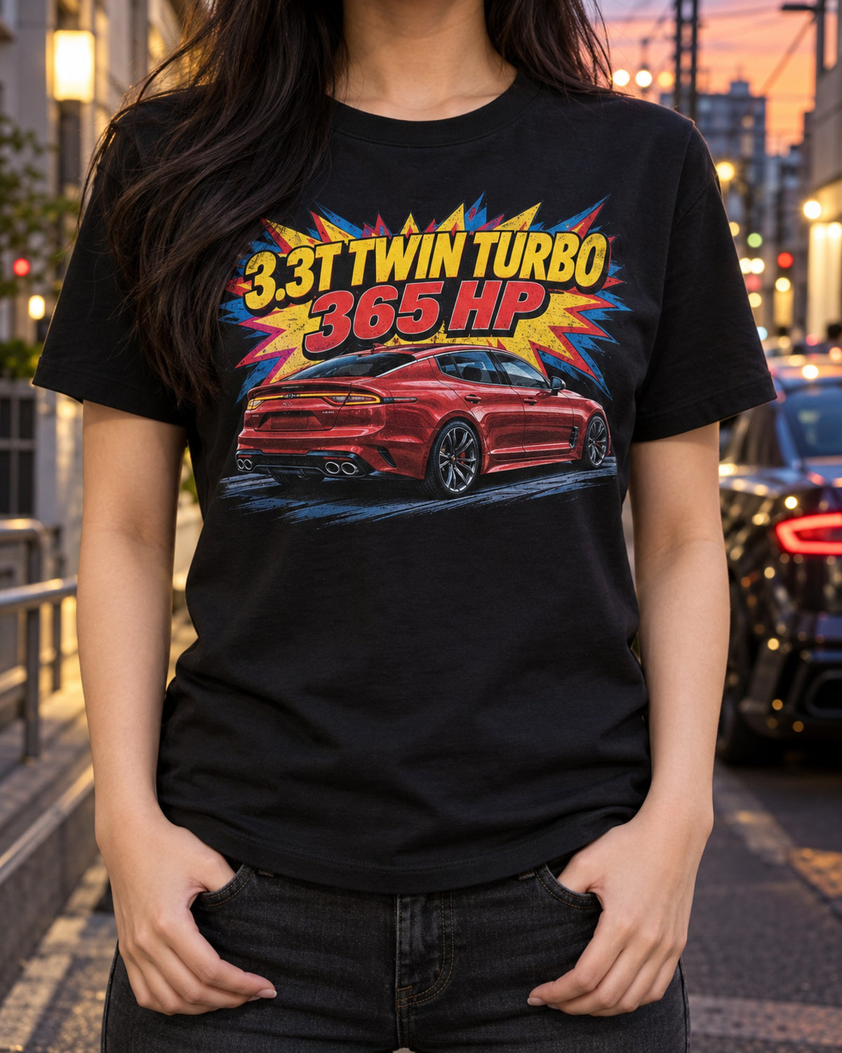 Kia Stinger GT CK Rear Burst Pop Art Shirt, 3.3T Twin Turbo T-Shirt Black worn hero