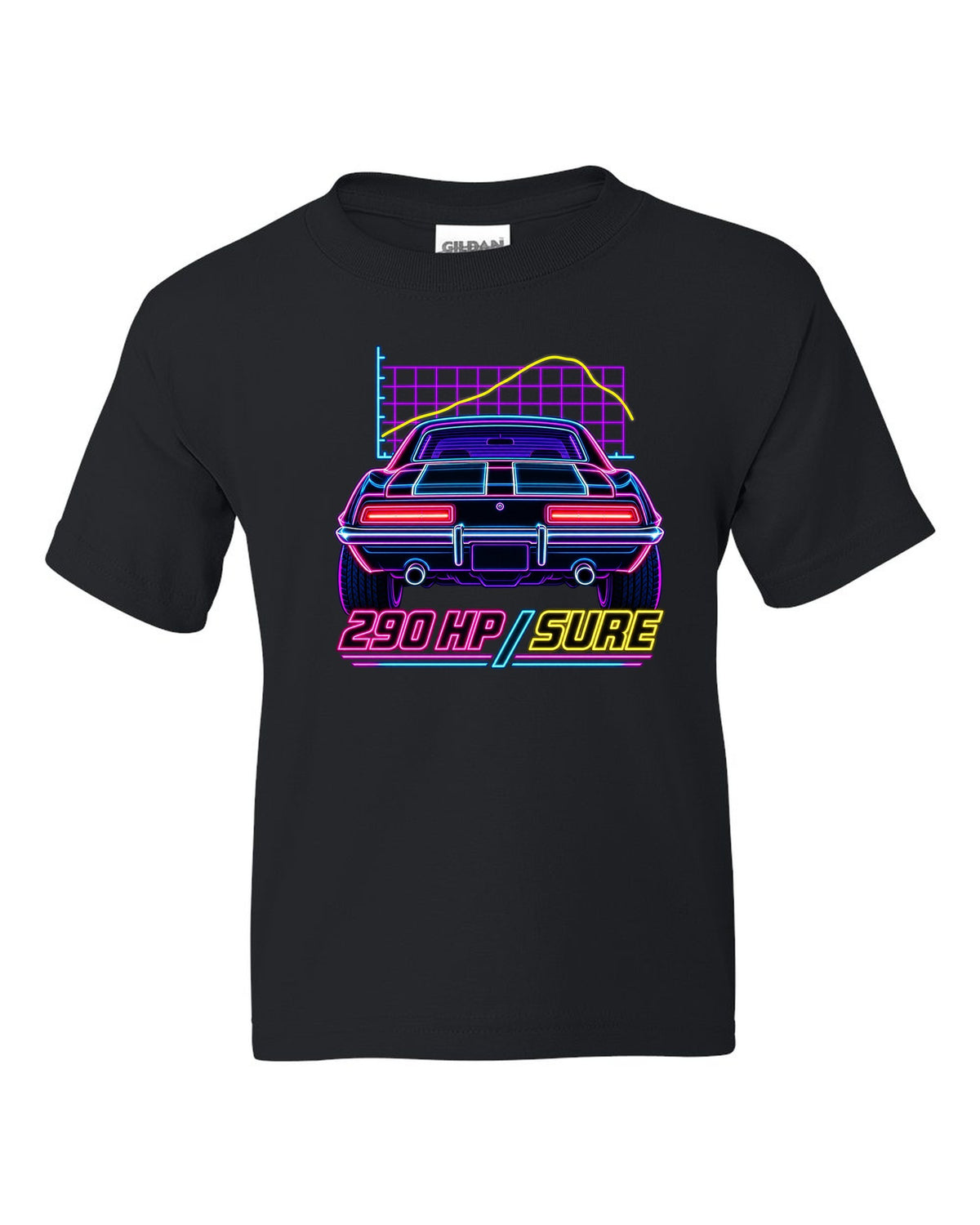 Neon synthwave outline of a 1969 Chevrolet Camaro Z/28 taillights with 290 HP lettering black kids tee front view with the design