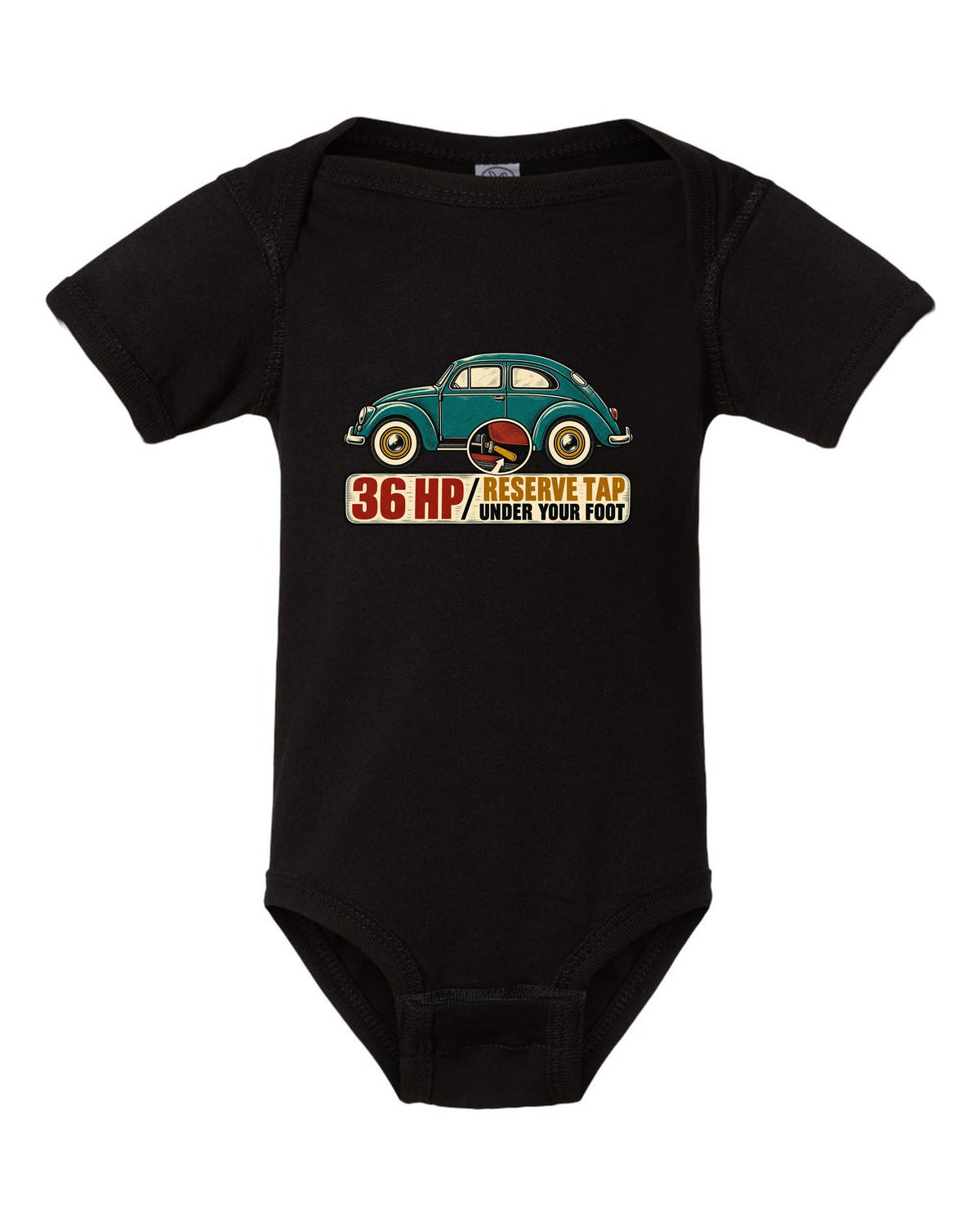 Multi-colour linocut of a 1955 oval-window VW Beetle with reserve tap lettering black baby onesie front view with the design