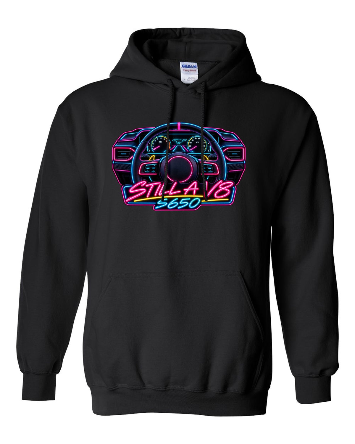 Neon sign style 2024 S650 Ford Mustang coupe with Still a V8 text black pull over hoodie front view with the design