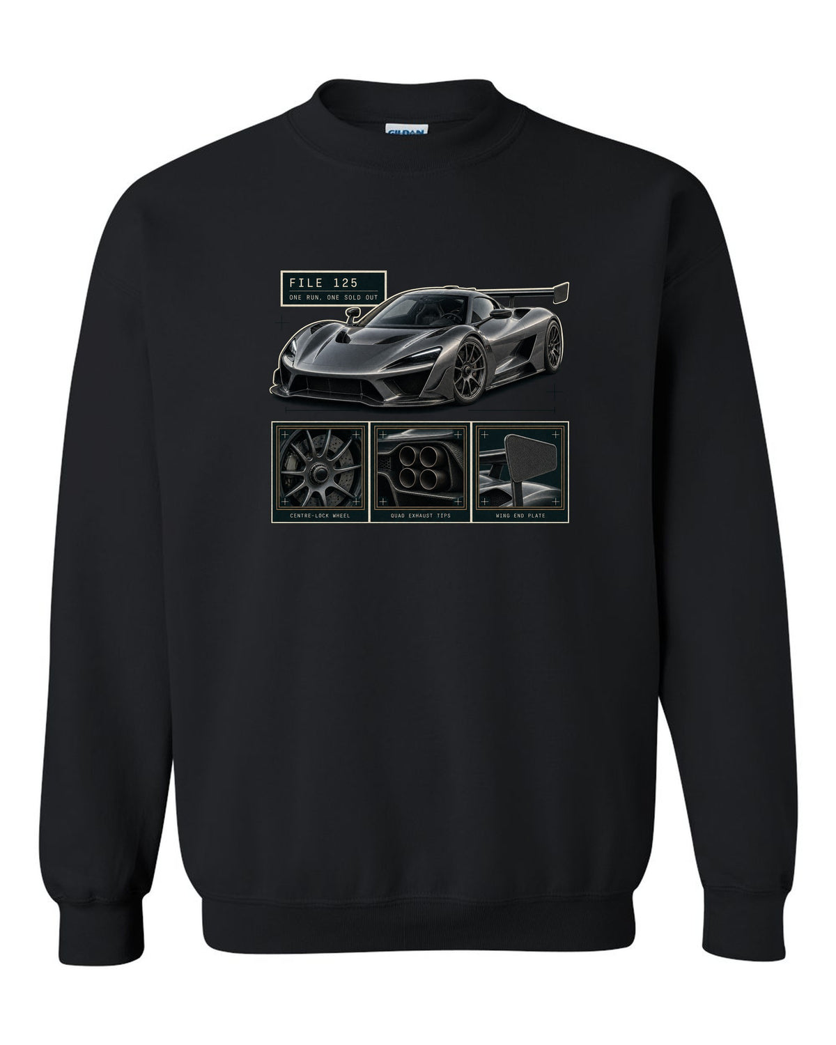 Dossier panel layout of the Koenigsegg Jesko Attack with detail panels, print black crewneck front view with the design