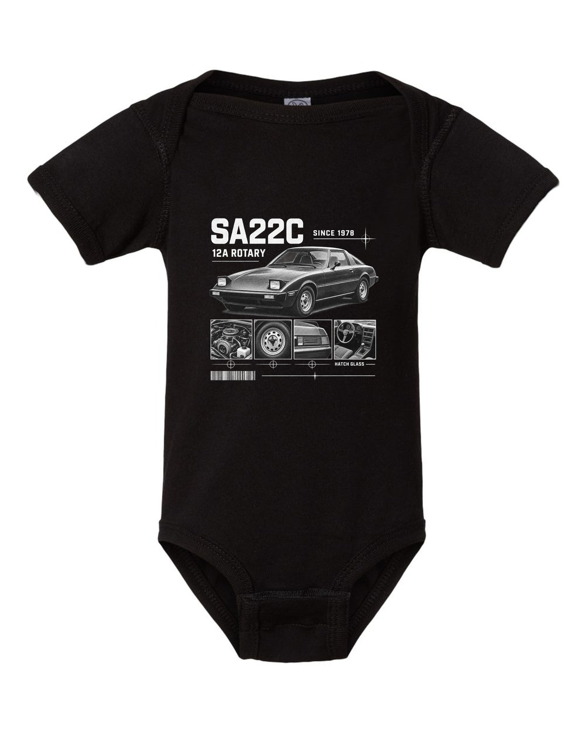 Dossier panel print of a Mazda RX-7 SA22C with 12A rotary lettering black baby onesie front view with the design