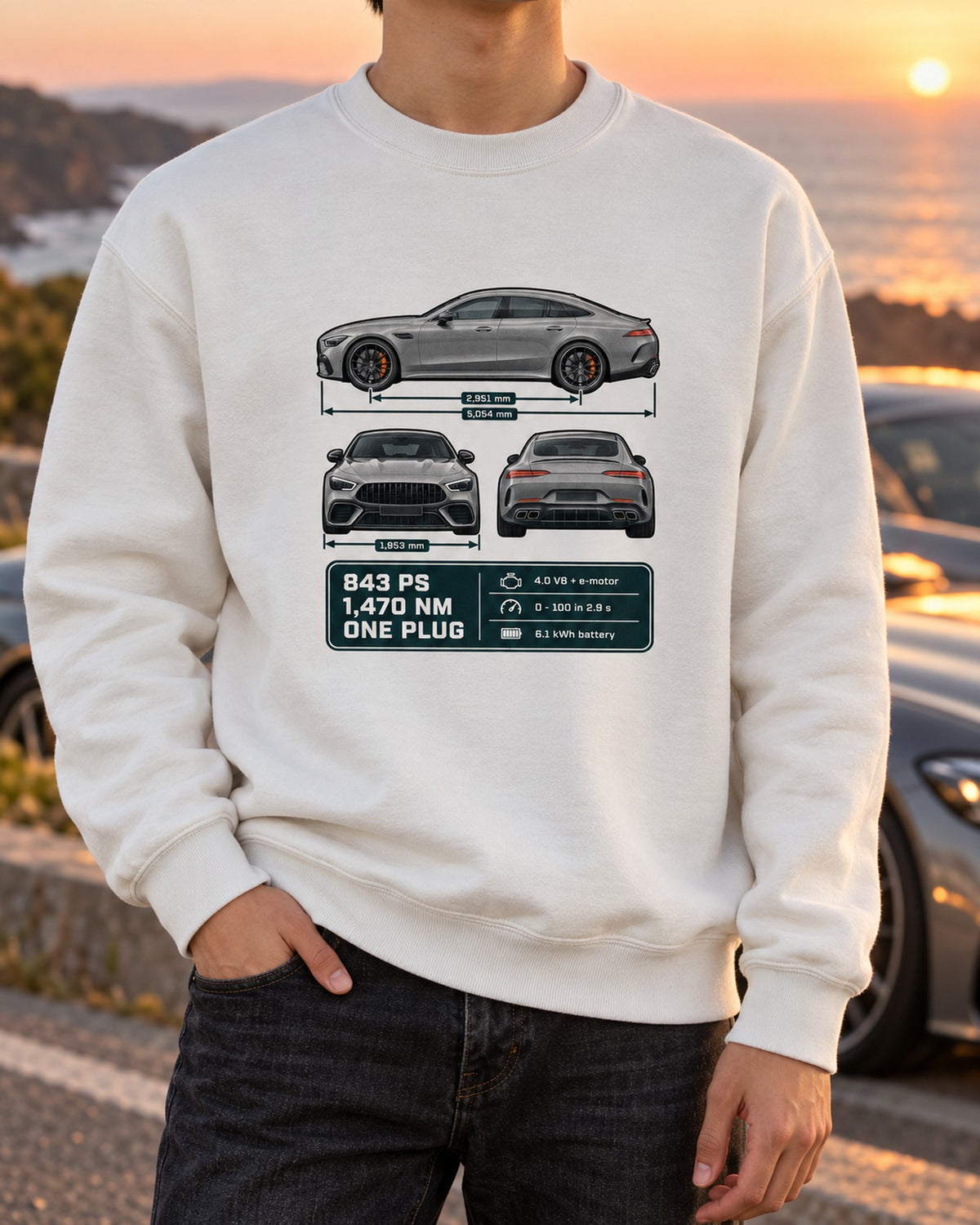 AMG GT 63 S E Performance 4-Door Three-View Spec Table Shirt Crewneck White worn hero