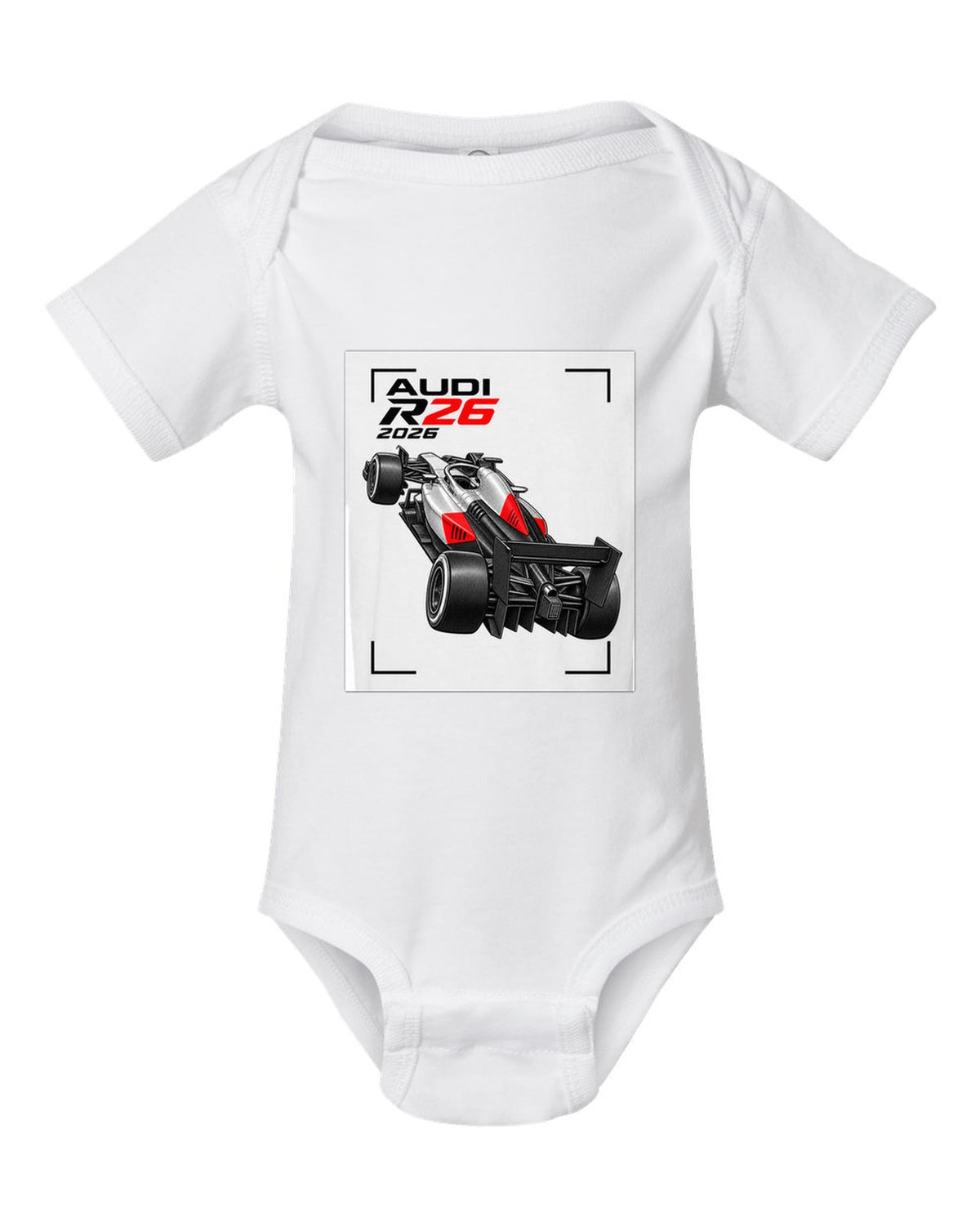 Audi R26 2026 F1 car technical poster artwork white baby onesie front view with the design