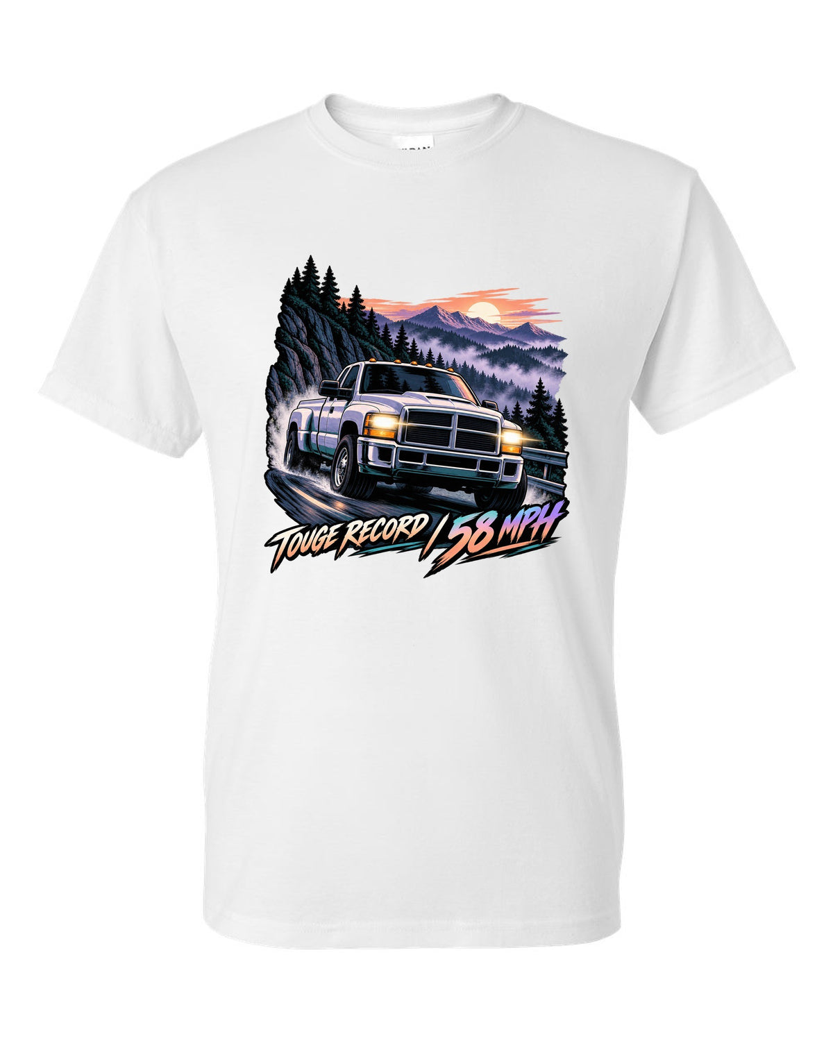 Cel-shaded anime night touge print of a 1994-1998 Dodge Ram 2500 12V Cummins white t-shirt front view with the design