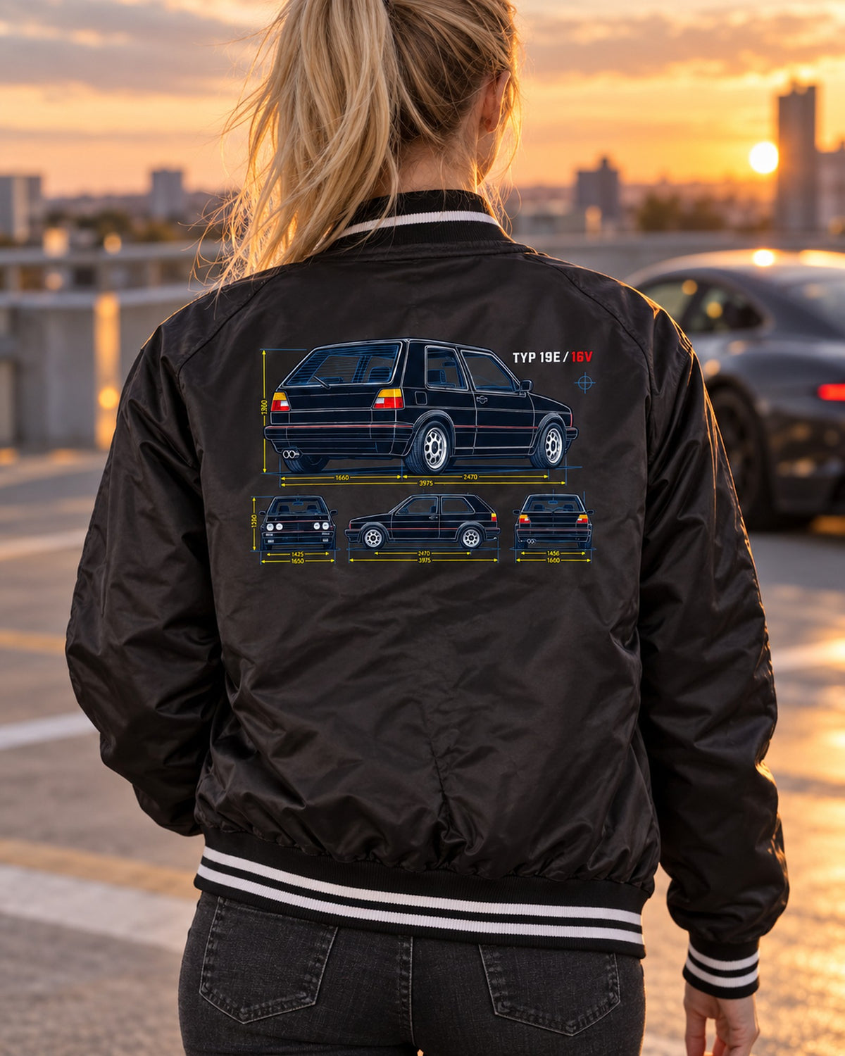 VW Golf Mk2 GTI 16V Blueprint Shirt, Typ 19E Patent Art Bomber Jacket Black worn hero