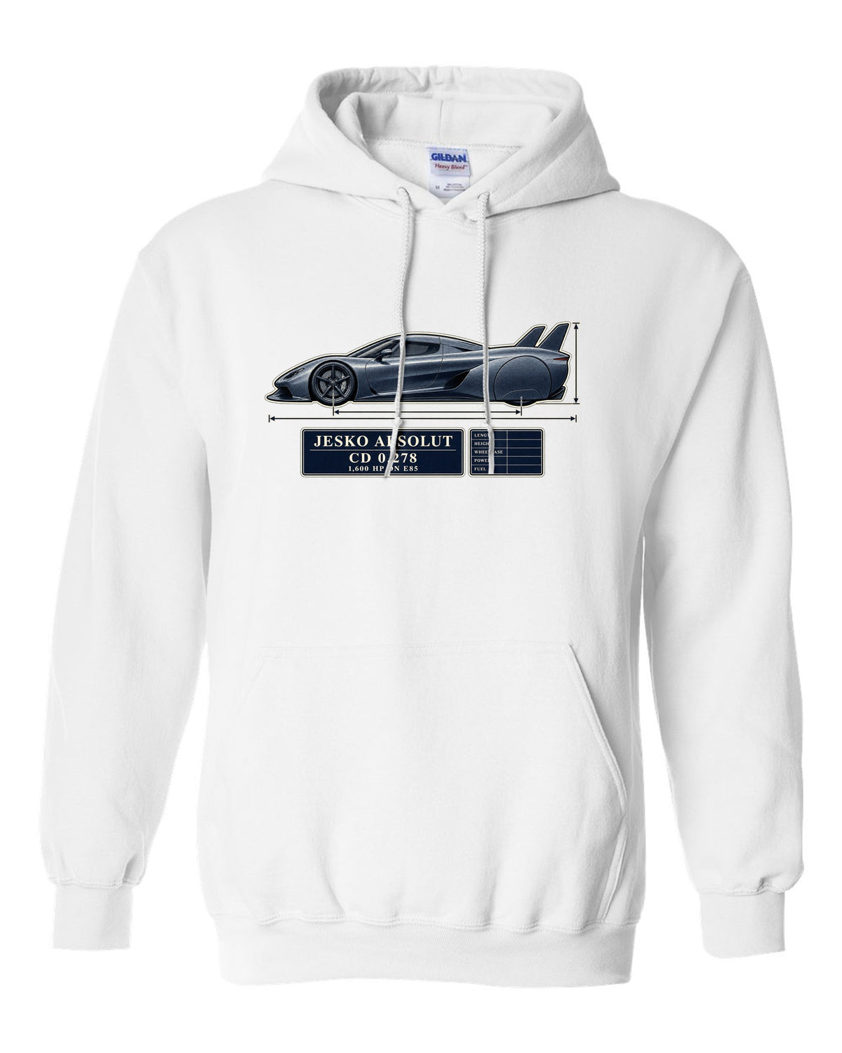 Blueprint drawing of the Koenigsegg Jesko Absolut with twin tail fins and no wing, print white pull over hoodie front view with the design