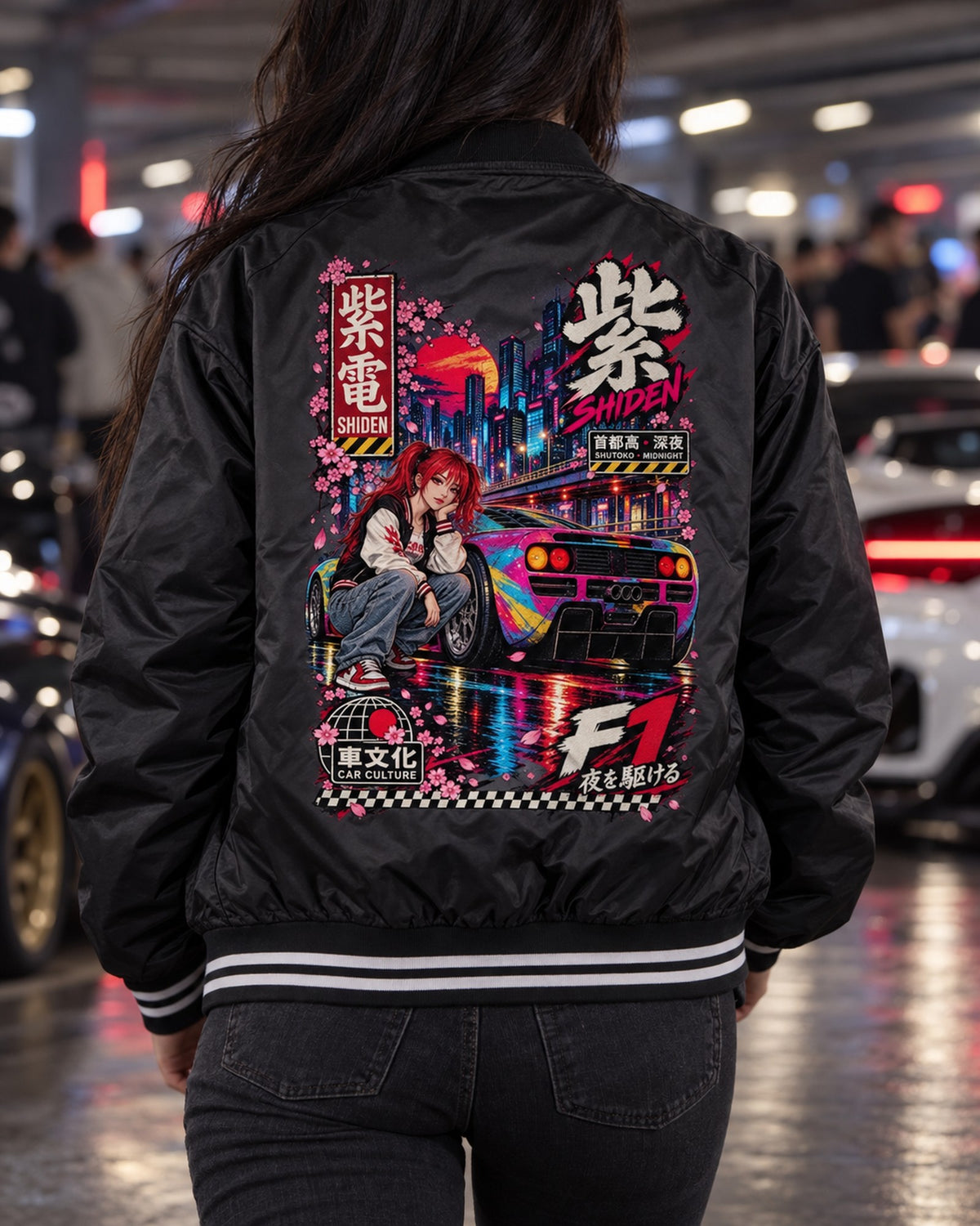 SHIDEN F1 Anime Girl Full-Back Graphic Tee Bomber Jacket Black worn hero