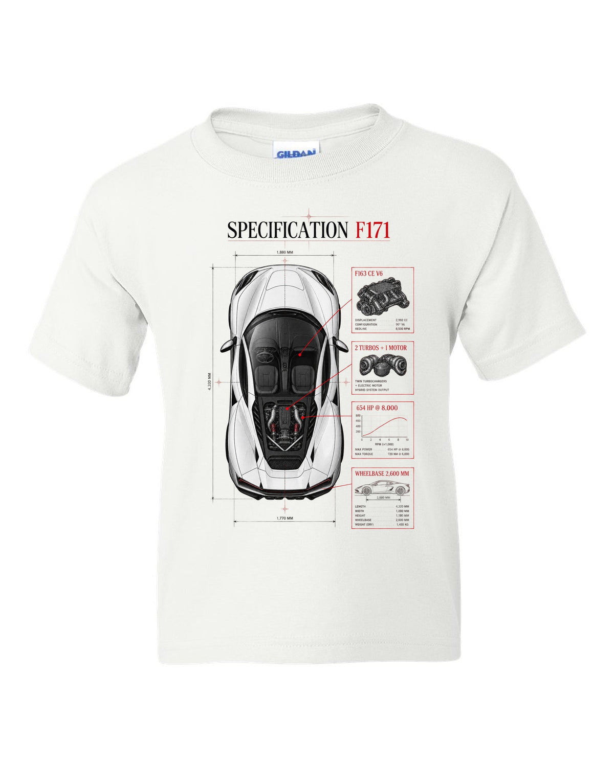 Top-down spec poster print of a Ferrari 296 GTB F171 with wheelbase and F163 CE V6 details white kids tee front view with the design
