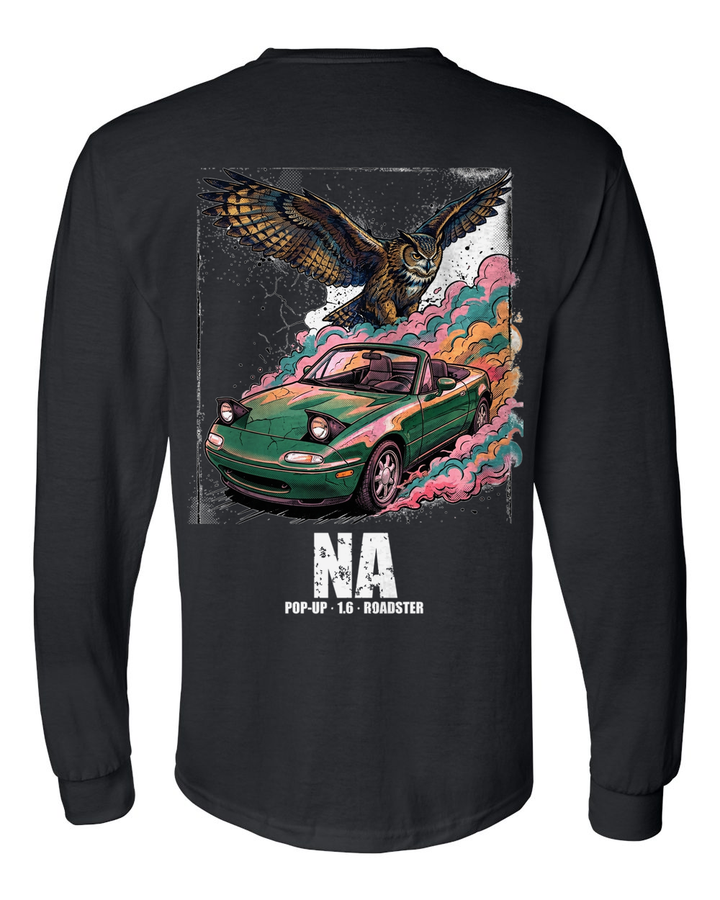 Mazda MX-5 Miata Owl Long Sleeve T-Shirt — Black back