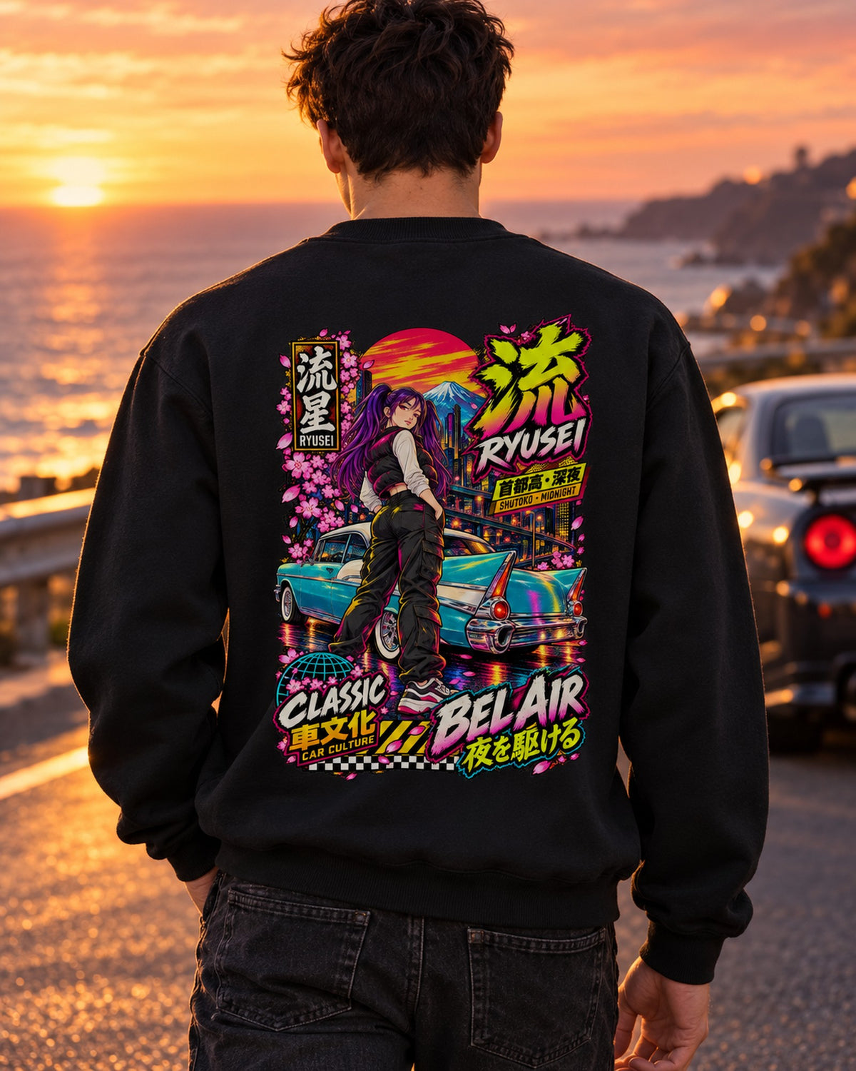 RYUSEI BEL AIR Anime Girl Full-Back Graphic Tee Crewneck Black worn hero