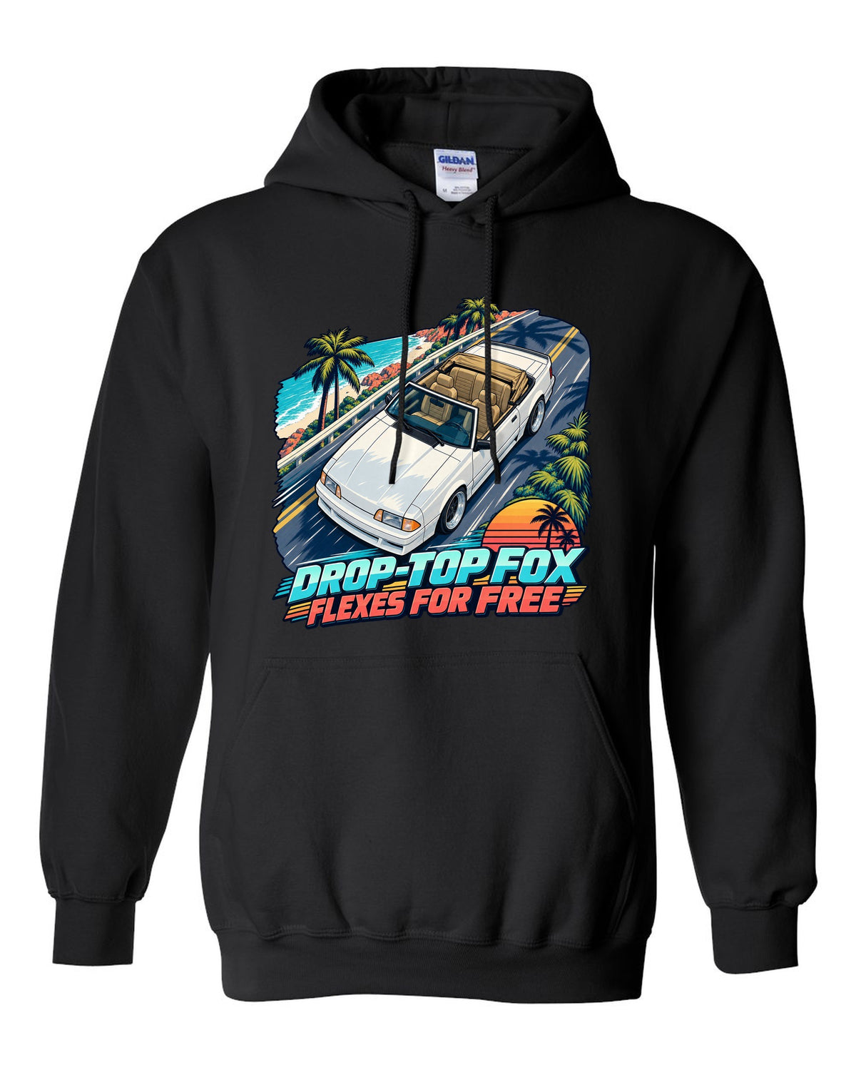 Cel-shaded anime print of a Ford Mustang Fox Body convertible seen from above black pull over hoodie front view with the design