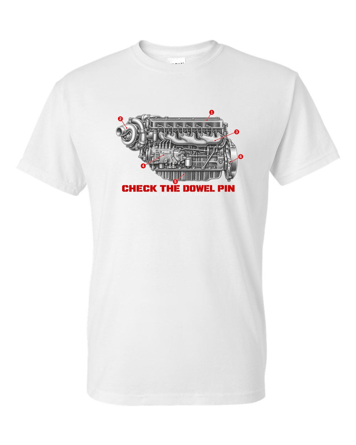 Engine hero print of a 1994-98 Ram 2500 5.9L 12-valve Cummins inline six white t-shirt front view with the design