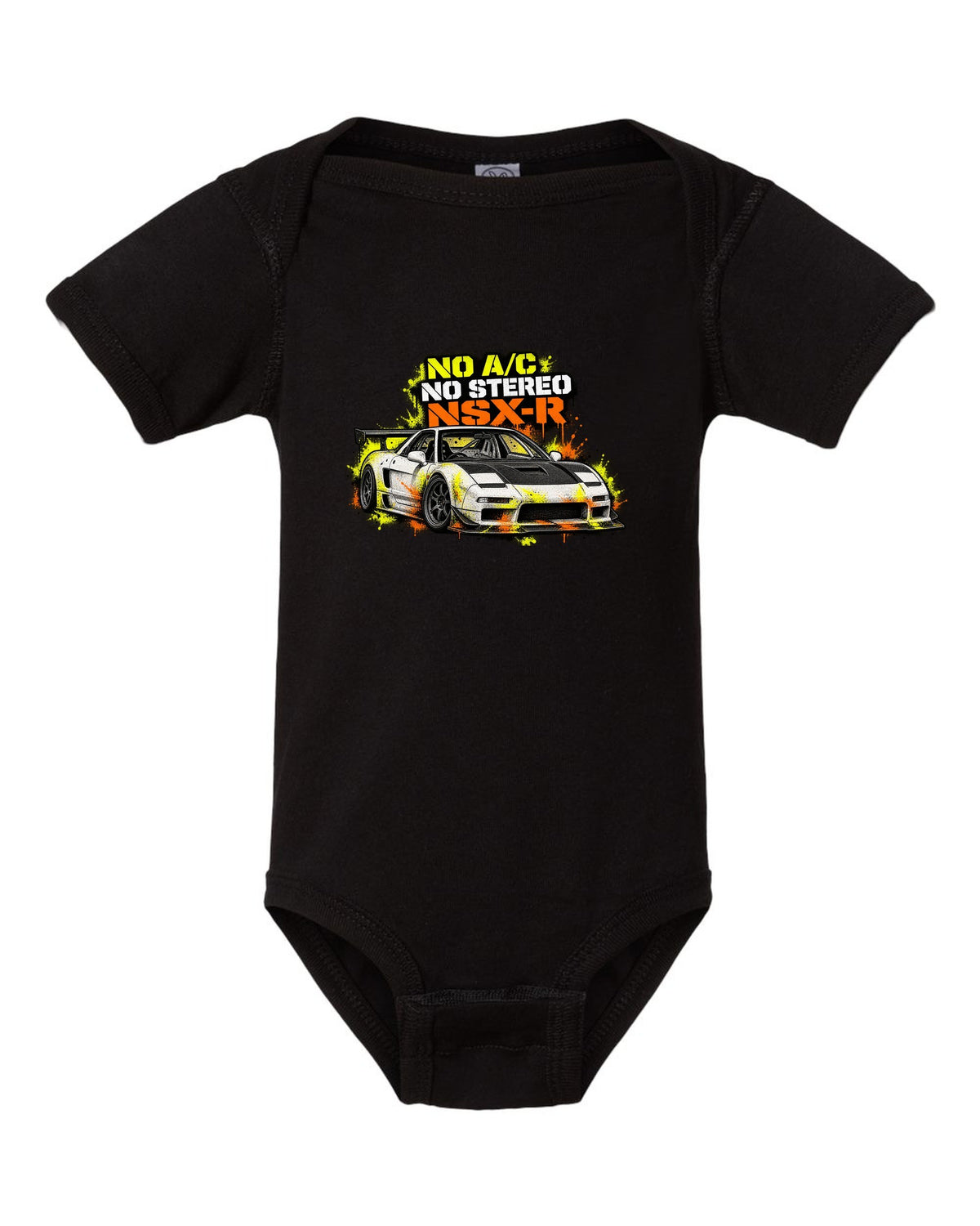 Risograph spot-colour print of a 1988 Honda CRX EF8 with B16A 950 KG Two Seats Only lettering black baby onesie front view with the design