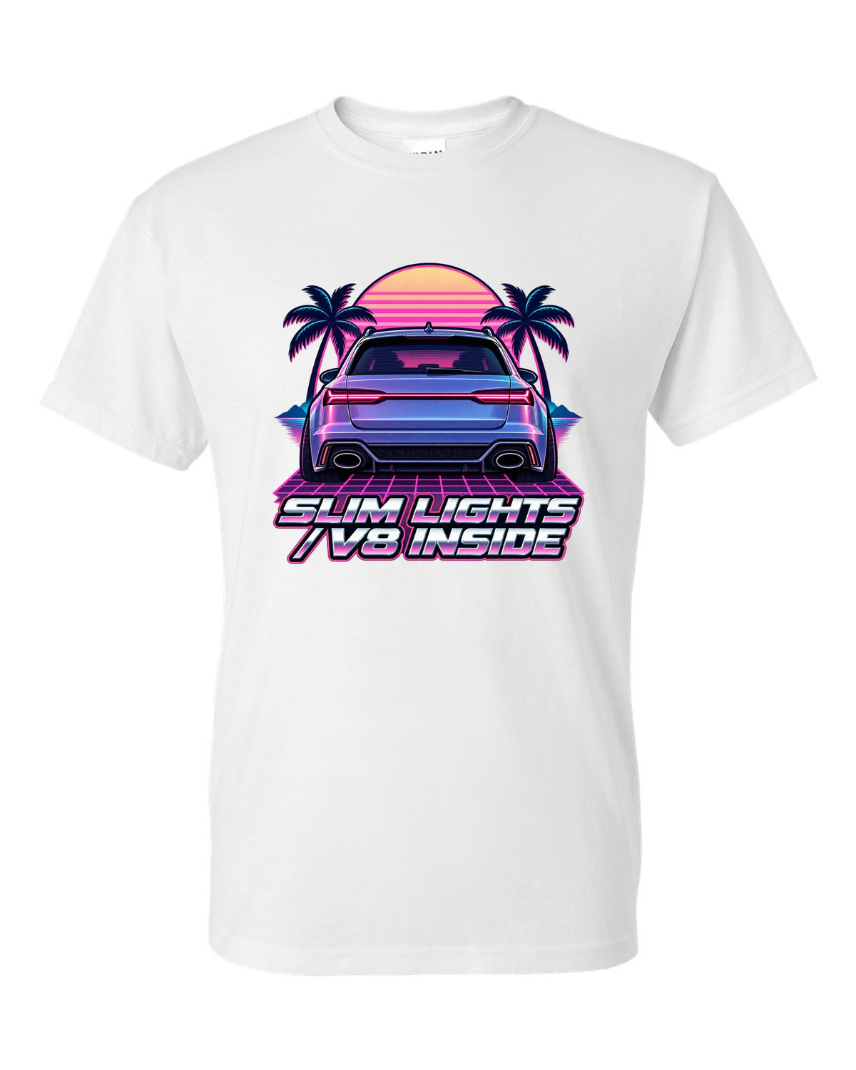 Pastel vaporwave design of the Audi RS6 Avant C7 4G with slim lights V8 inside lettering white t-shirt front view with the design