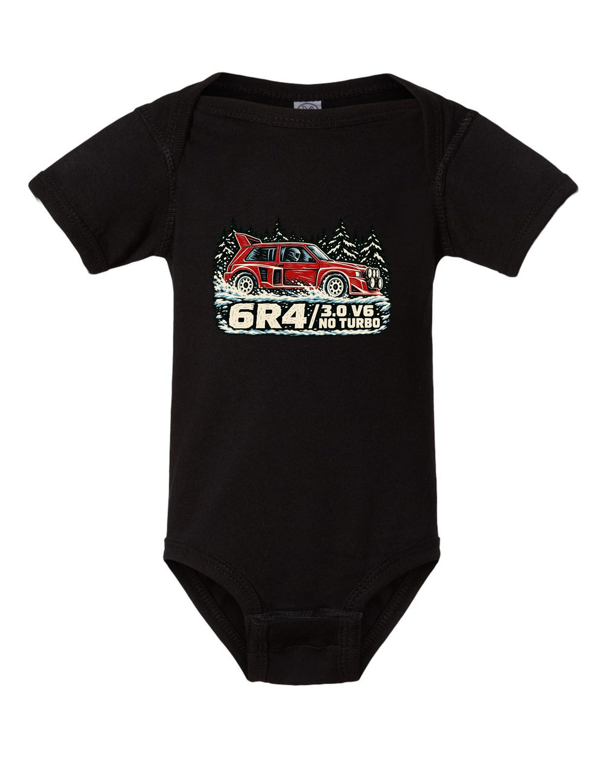 Linocut style print of an MG Metro 6R4 with 3.0 V6 and no turbo lettering black baby onesie front view with the design