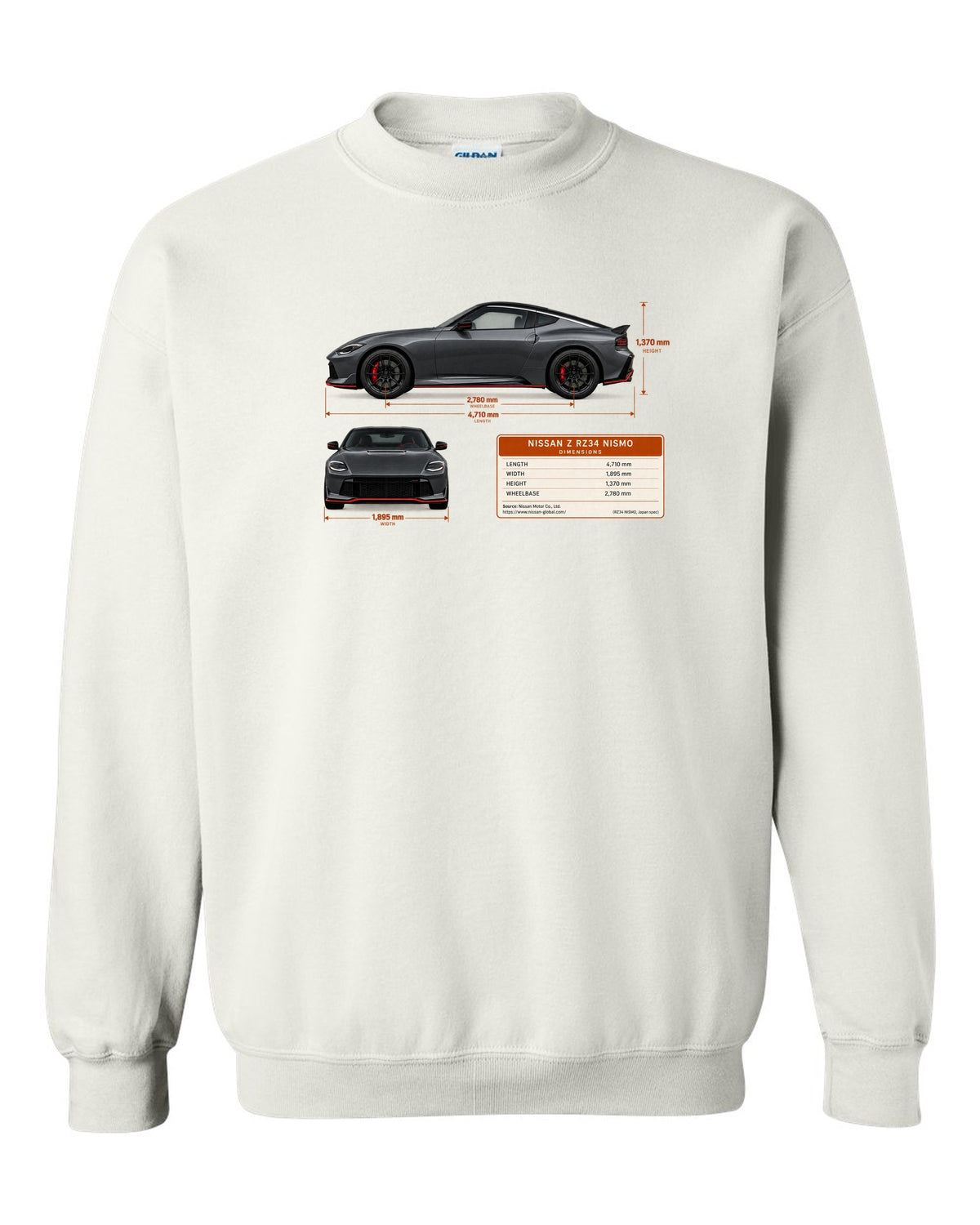 Orange 2024 Nissan Z RZ34 Sport rear view with taillight, ducktail lip and twin round tips white crewneck front view with the design