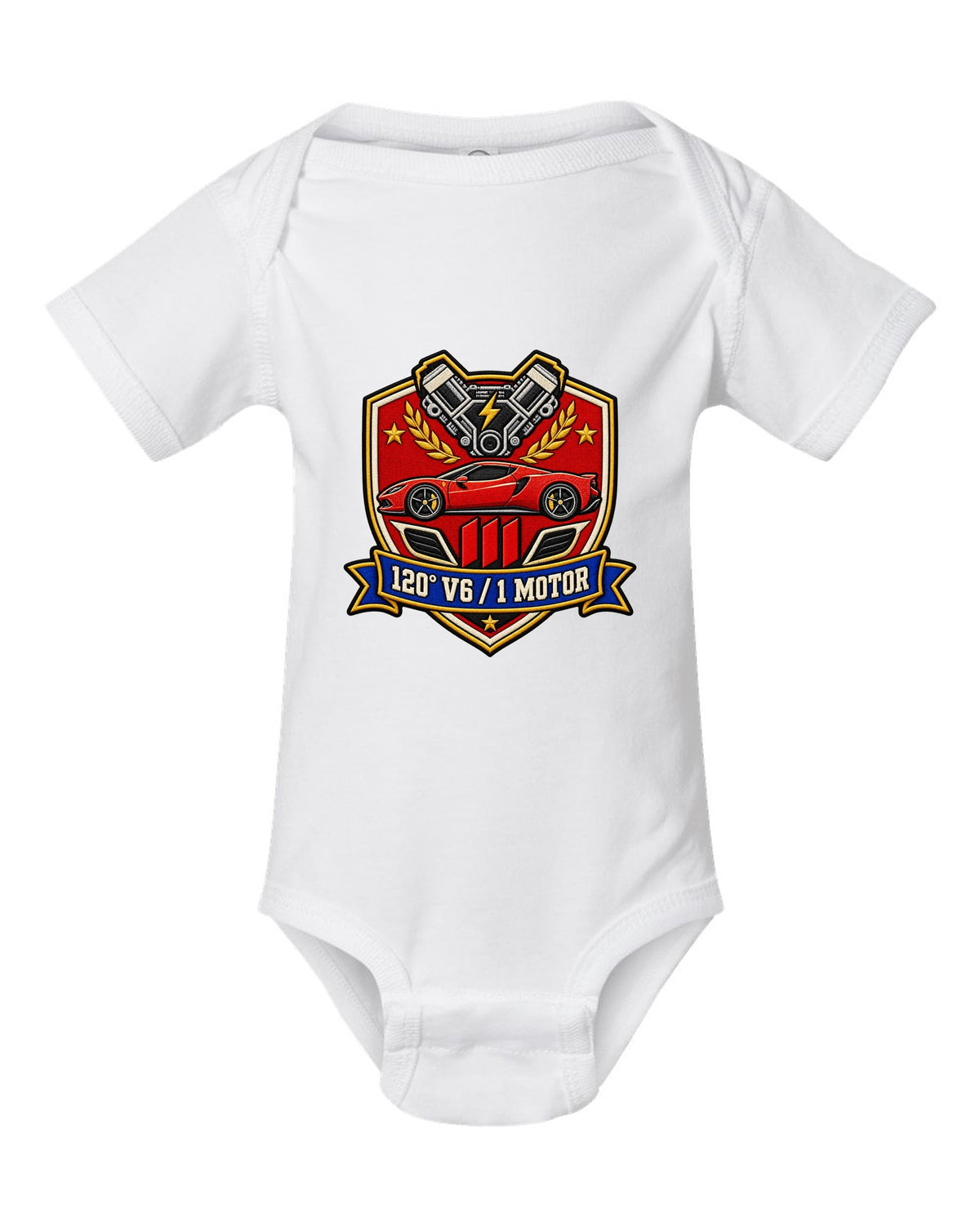 Shield crest print for the Ferrari 296 GTB with 120 degree V6 and 1 motor lettering white baby onesie front view with the design