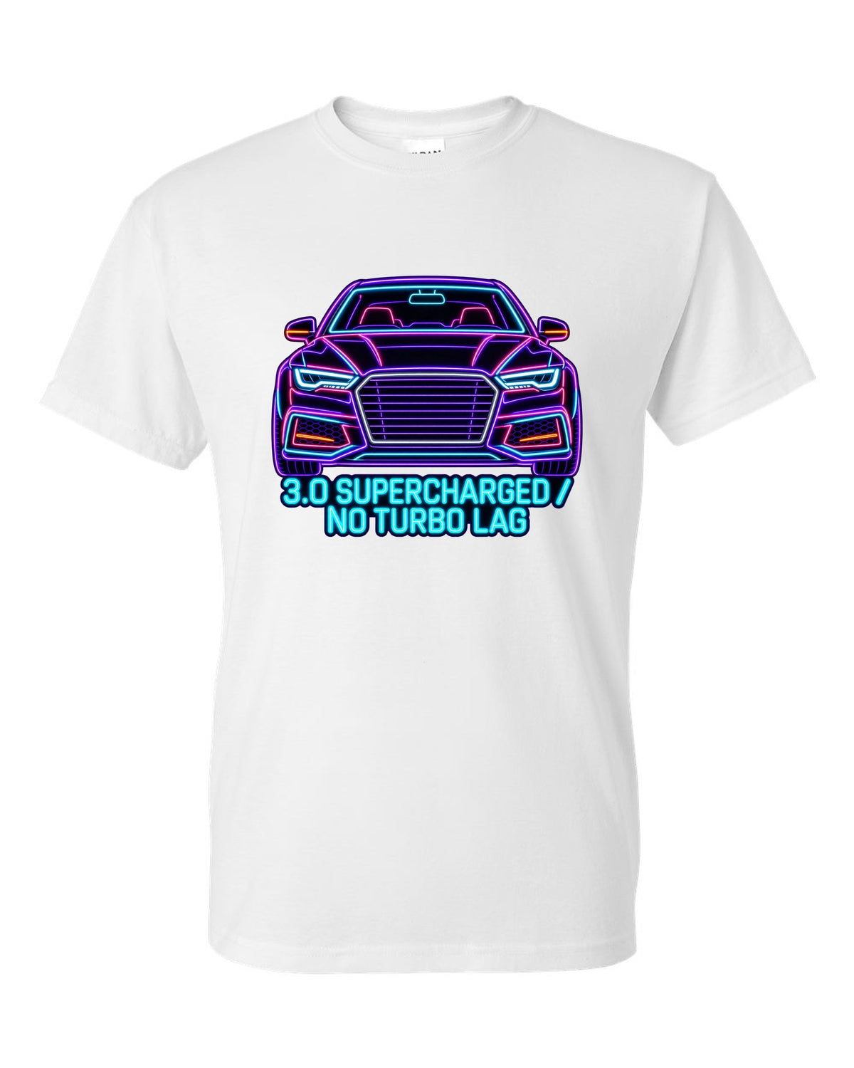 Neon sign line art print of an Audi S4 B8 with 3.0 Supercharged text white t-shirt front view with the design