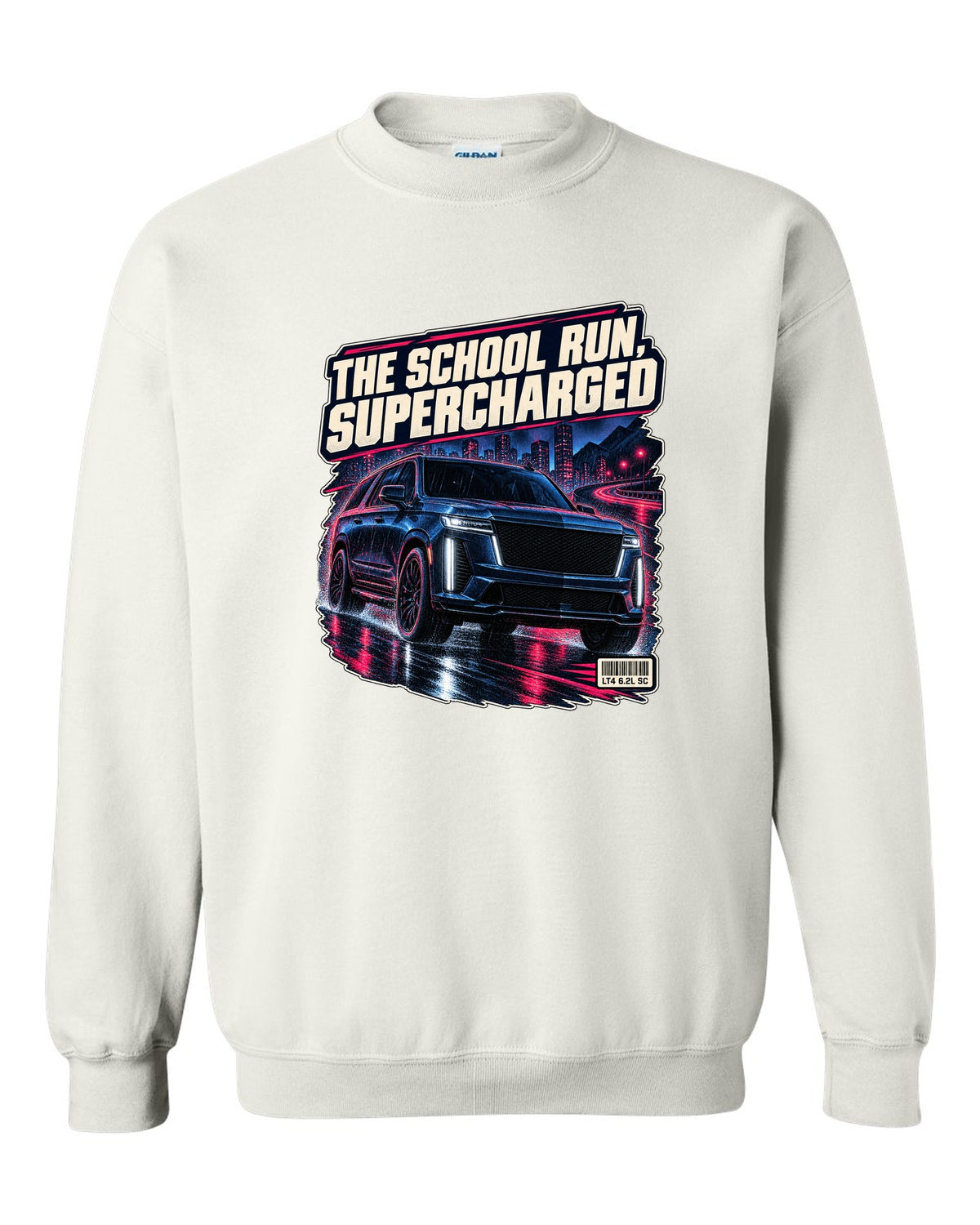 Night street print of a 2023-25 Cadillac Escalade-V white crewneck front view with the design