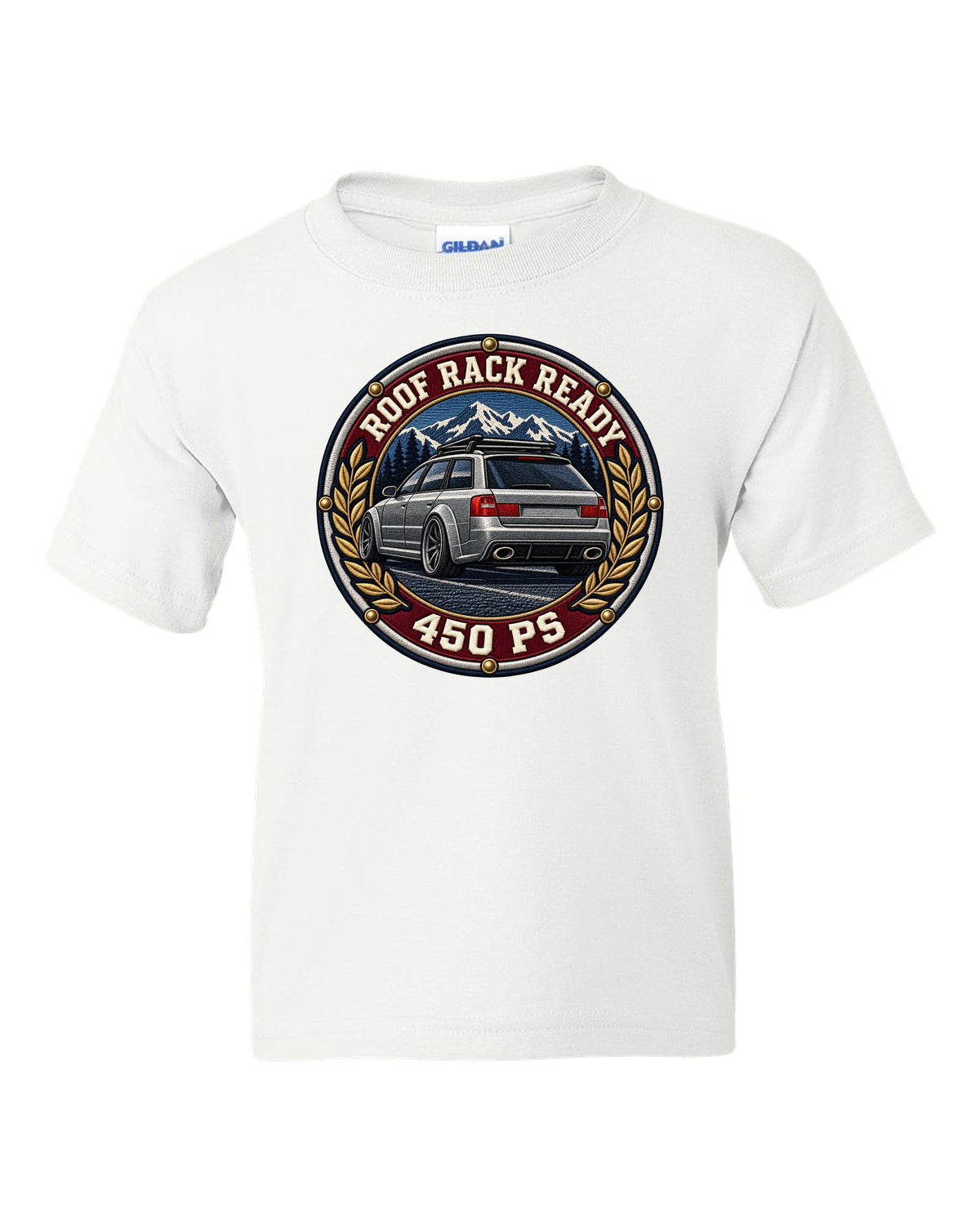 Varsity crest style print of a flared Audi RS6 Avant C5 with Roof Rack Ready text white kids tee front view with the design