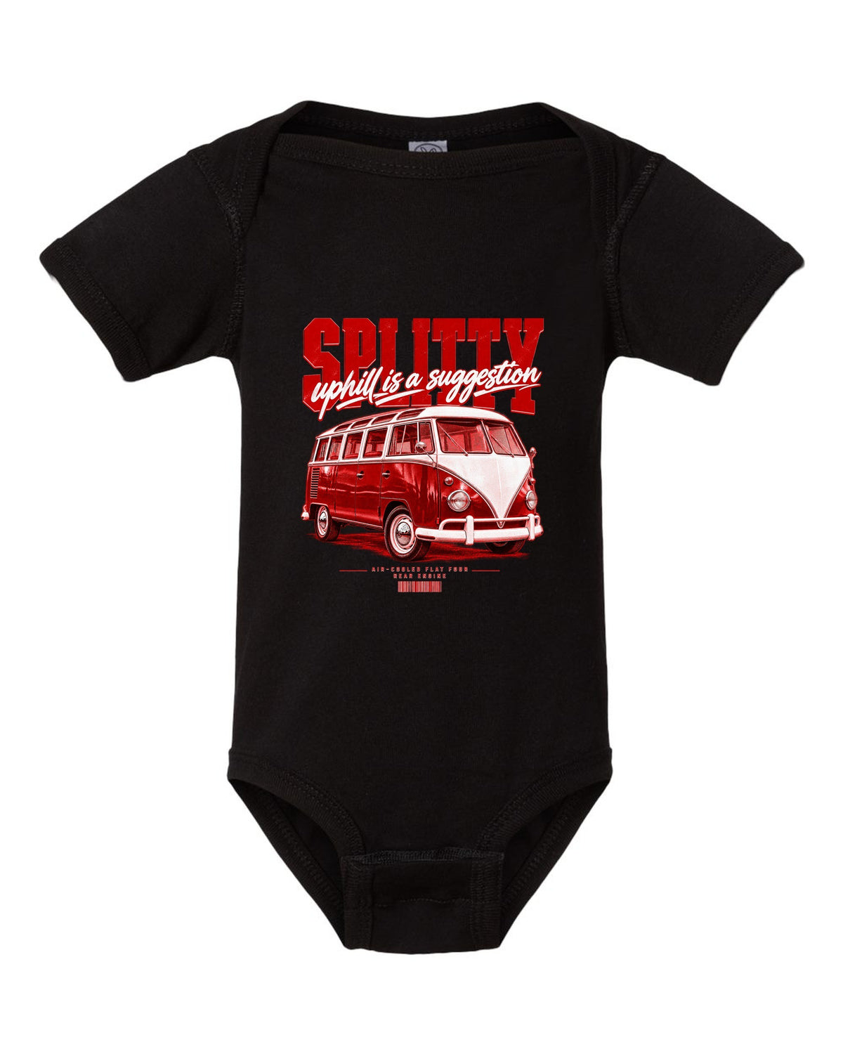 Street poster print of a 1963 VW T1 split-window bus with air-cooled flat-four text black baby onesie front view with the design