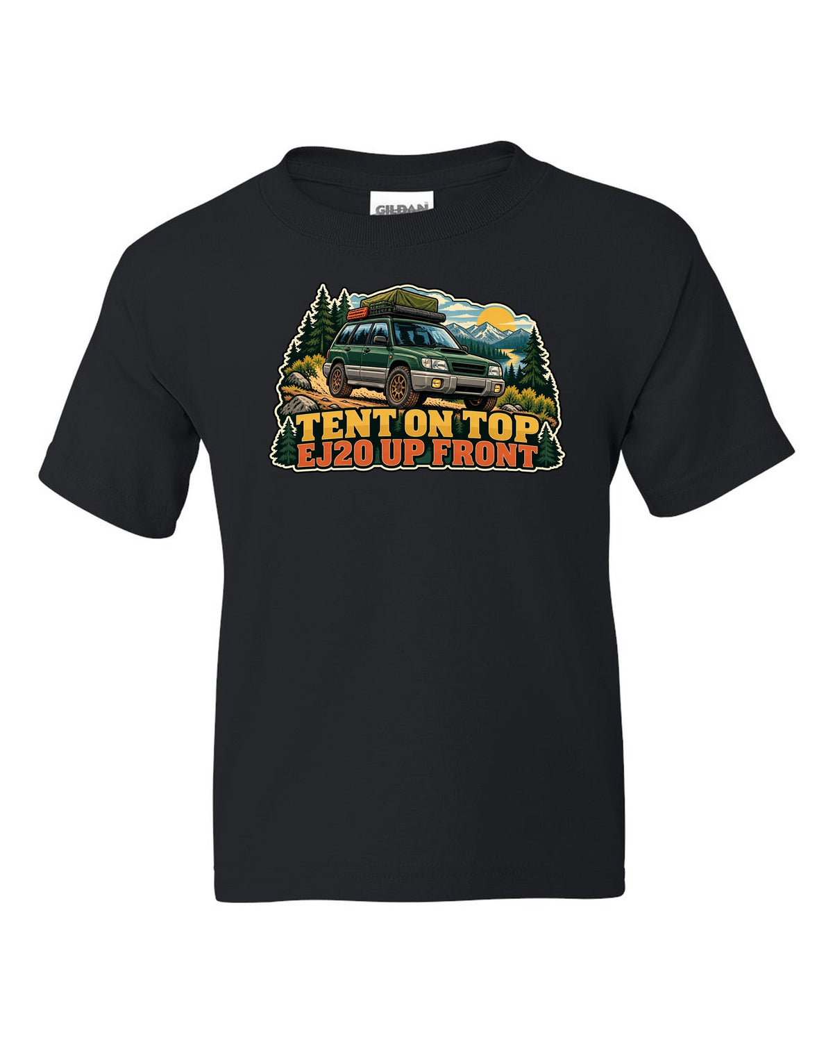 Vintage national park poster illustration of a Subaru Forester SF5 with a roof tent black kids tee front view with the design