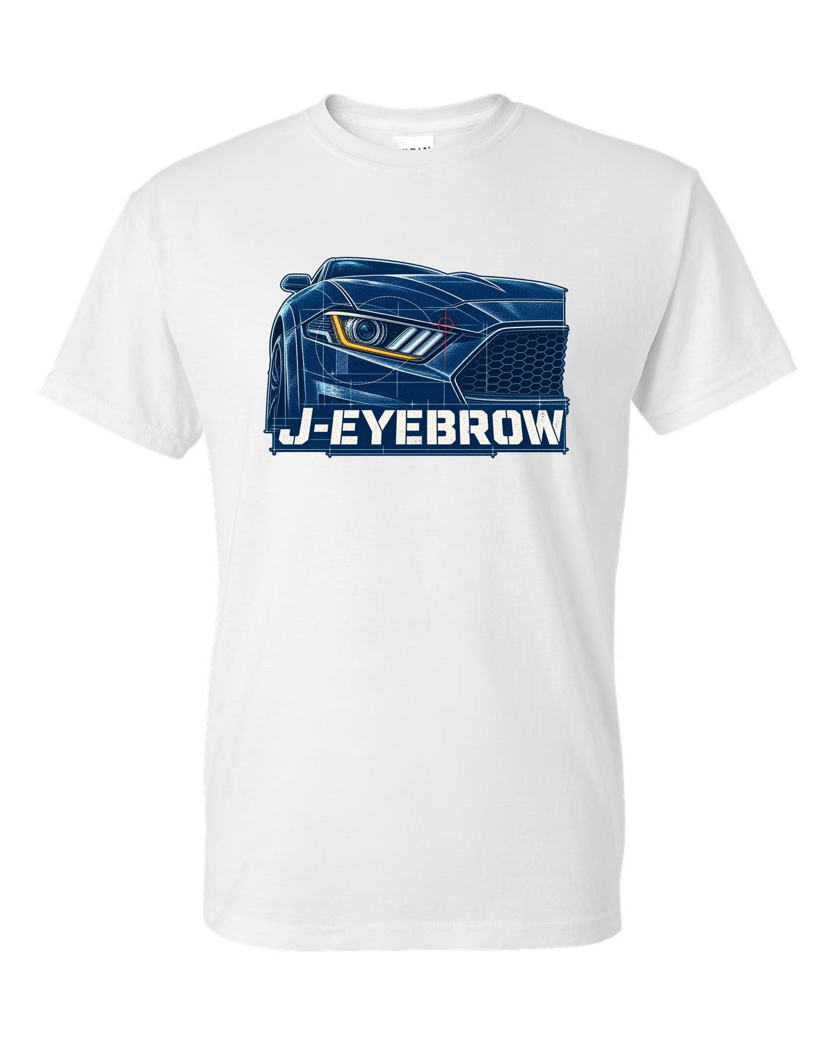 Cyanotype blueprint of a 2015-2023 S550 Ford Mustang fastback with J-Eyebrow label white t-shirt front view with the design