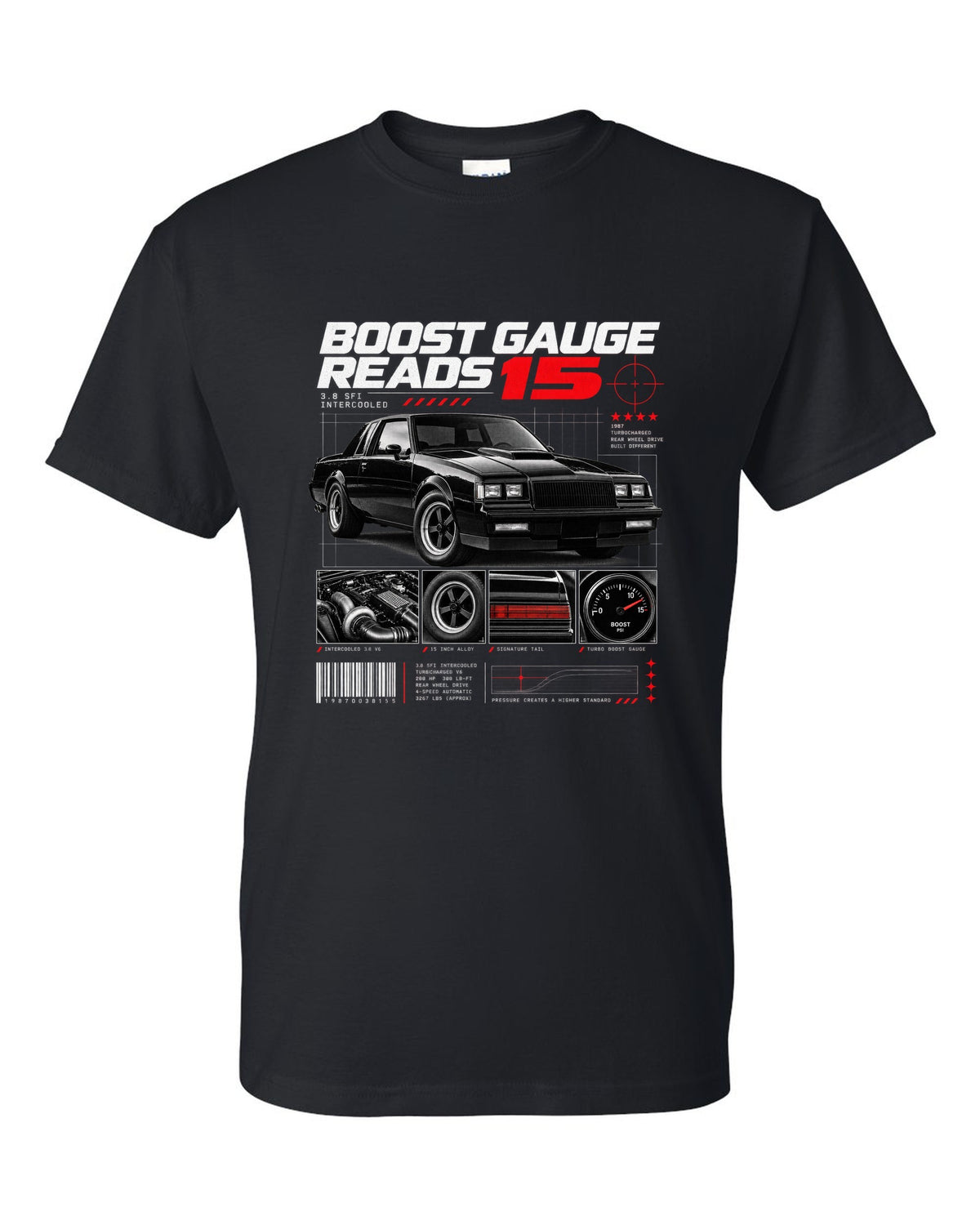 Dossier-panel print of a 1987 Buick Regal Grand National with 3.8 SFI and boost gauge notes black t-shirt front view with the design