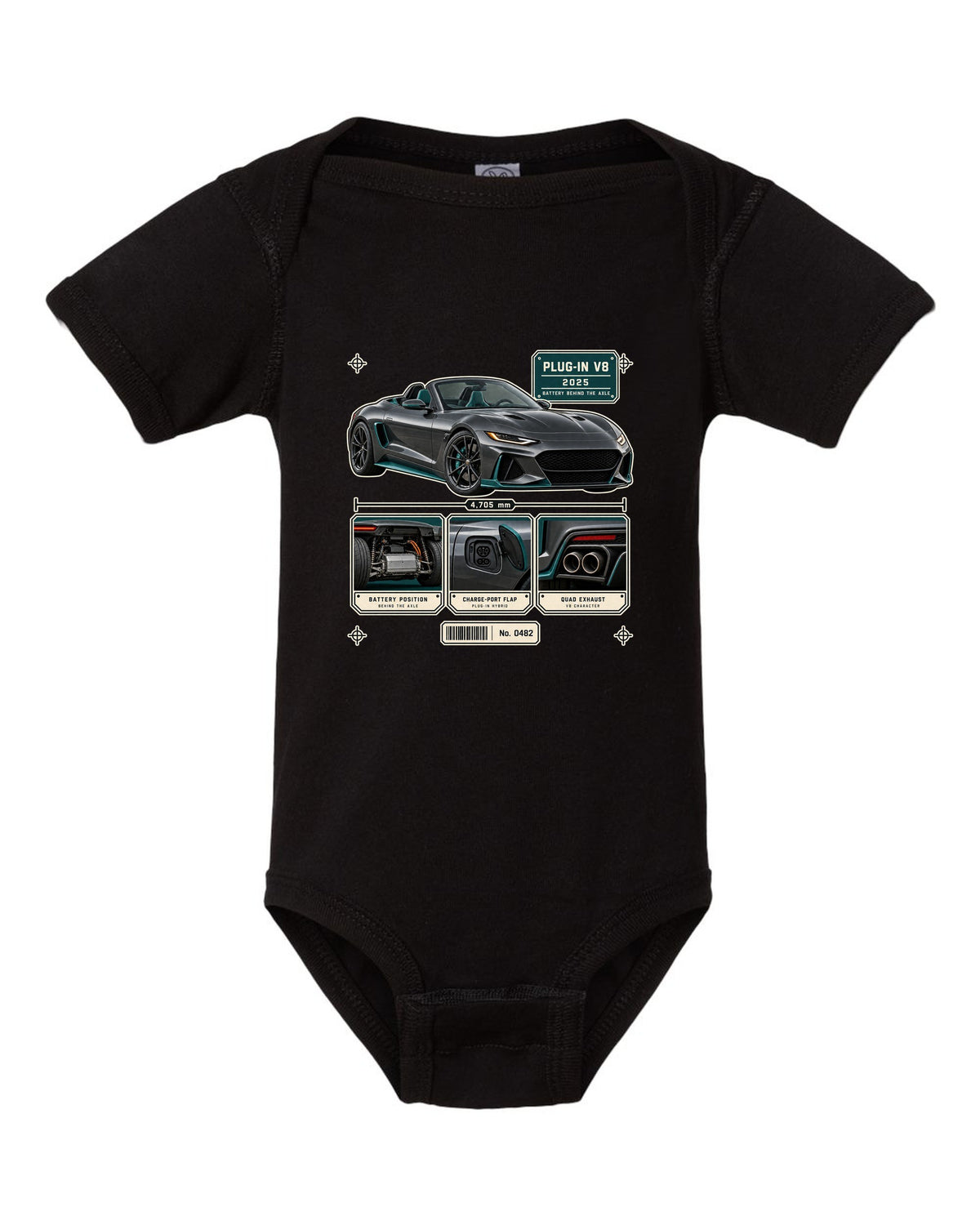 Mercedes-AMG SL63 S E Performance R232 dossier panel print in graphite and teal black baby onesie front view with the design
