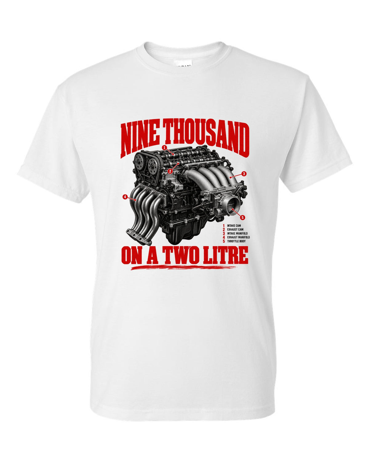 Honda S2000 AP1 roadster engine hero design with nine thousand on a two litre text white t-shirt front view with the design