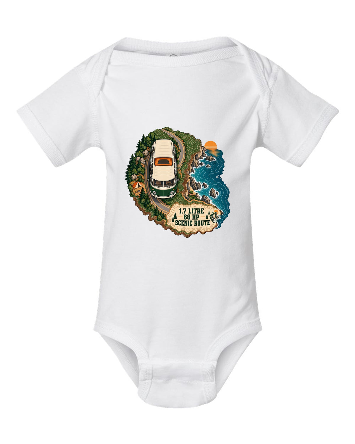 Topographic route map print of a 1972 VW Bus T2 bay window with scenic route lettering white baby onesie front view with the design