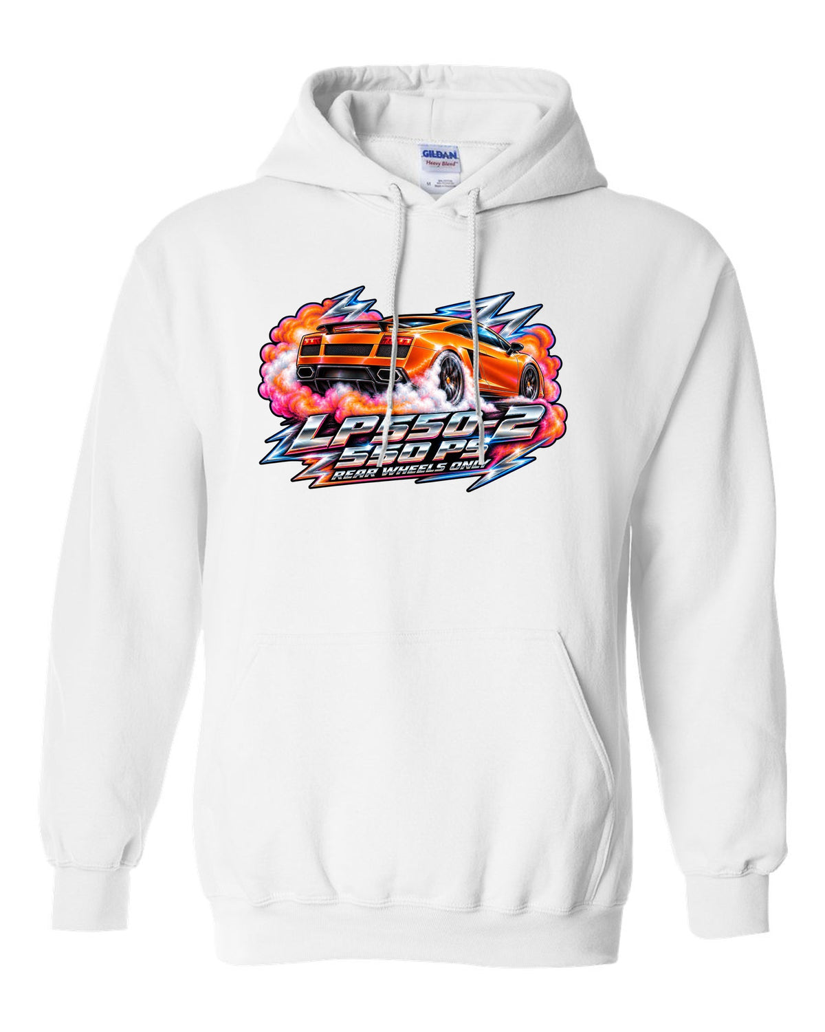 80s airbrush chrome design of a Lamborghini Gallardo LP550-2 with rear wheels only text white pull over hoodie front view with the design