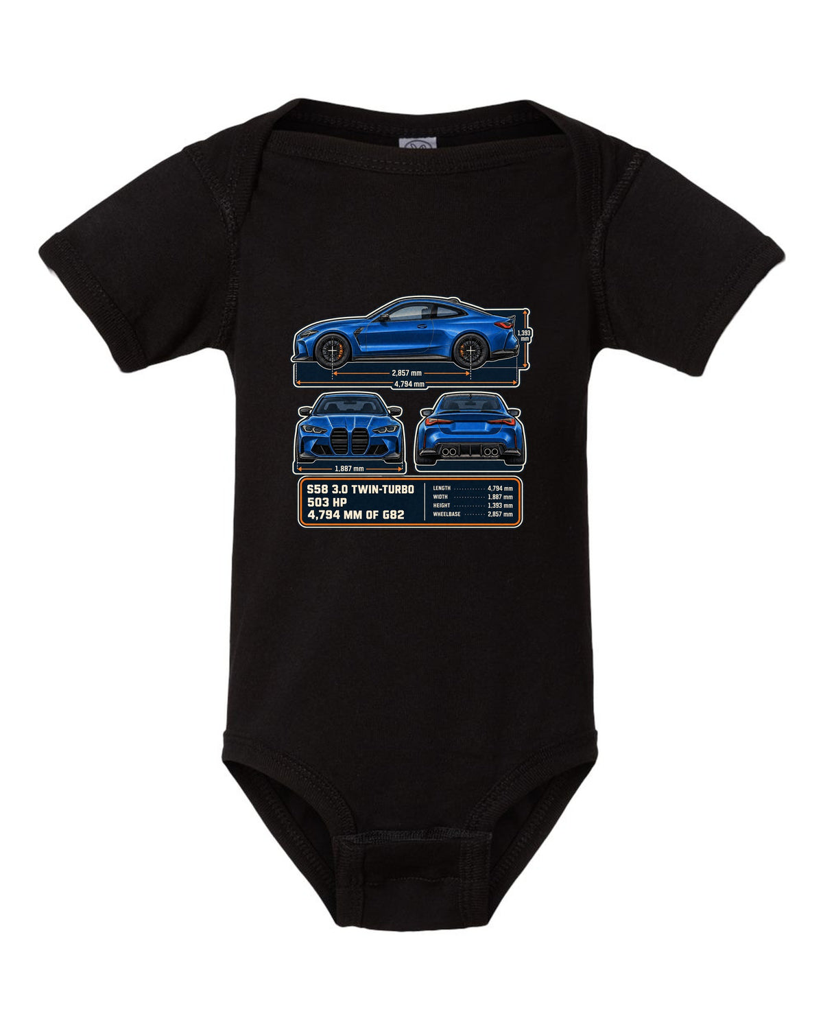 BMW M4 Competition G82 dimension blueprint print with S58 specs black baby onesie front view with the design