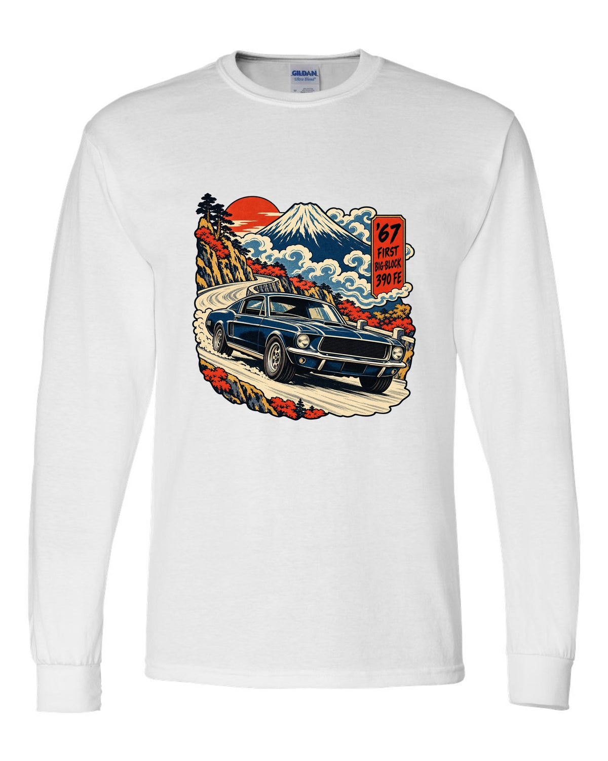 Ukiyo-e woodblock print of a 1967 Ford Mustang fastback with 390 FE first big-block text white long sleeve front view with the design
