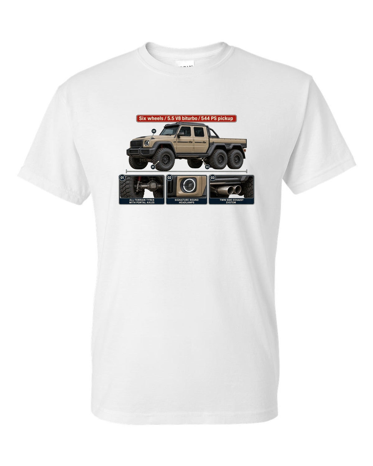 Dossier panel print of a Mercedes-Benz G63 AMG 6x6 W463 pickup white t-shirt front view with the design