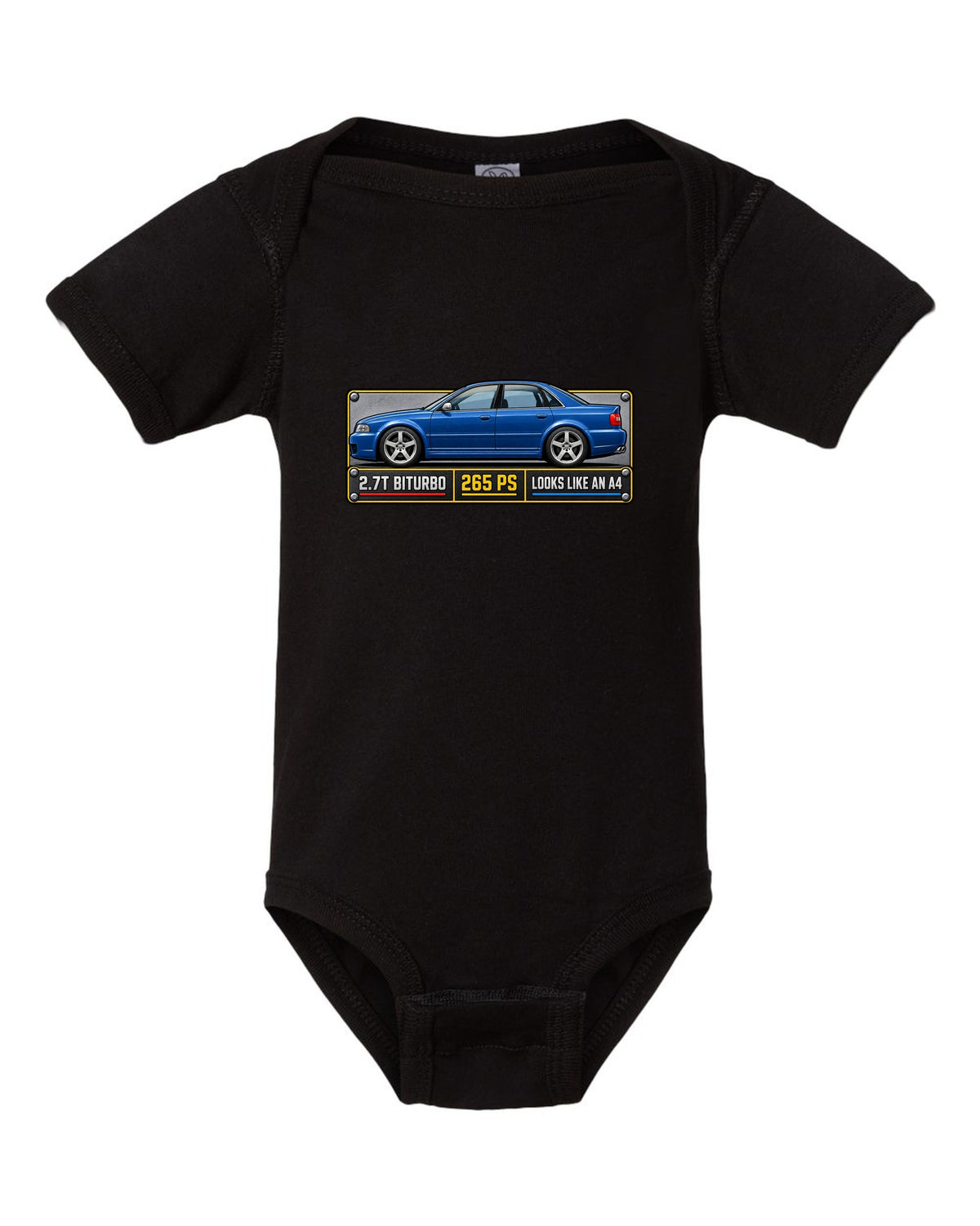 Spec plate print of an Audi S4 B5 sedan with 2.7T biturbo and 265 PS text black baby onesie front view with the design