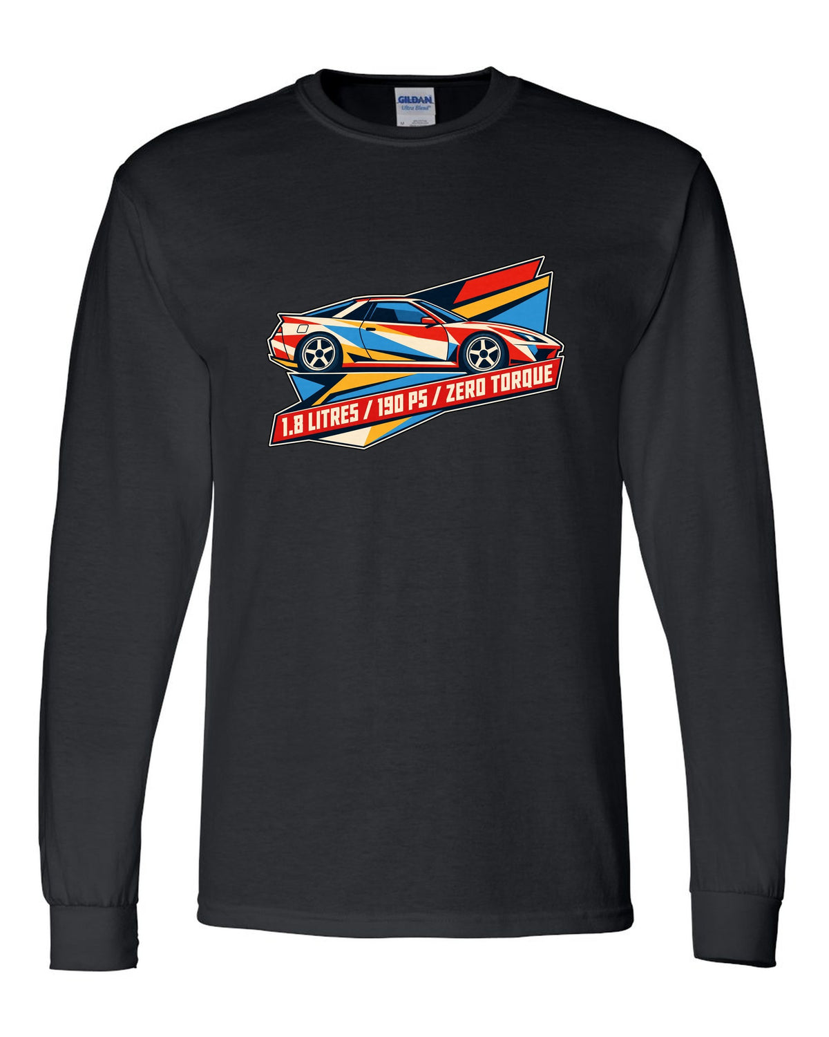 Geometric origami constructivist poster of the Toyota Celica ZZT231 with 190 PS text black long sleeve front view with the design