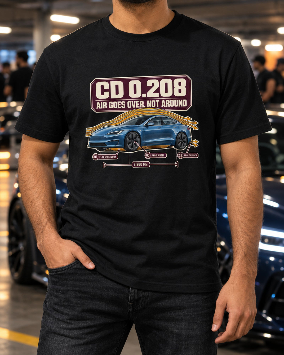 Model S Plaid Aero Callouts Tee, Cd 0.208 Air Flow print T-Shirt Black worn hero