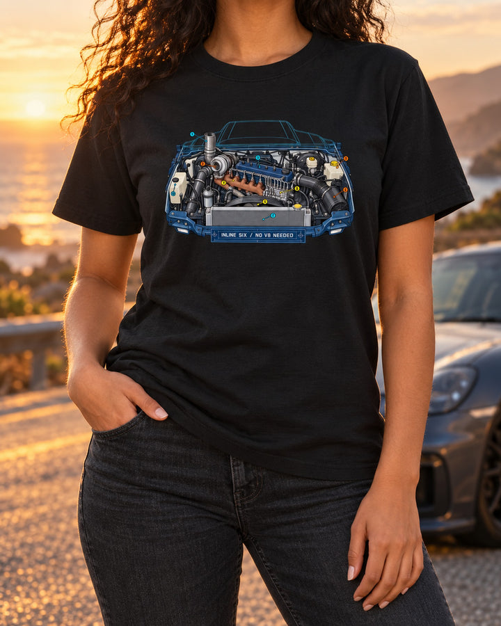 Dodge Ram 2nd Gen 5.9 Inline Six Engine Bay Blueprint Shirt T-Shirt Black worn hero