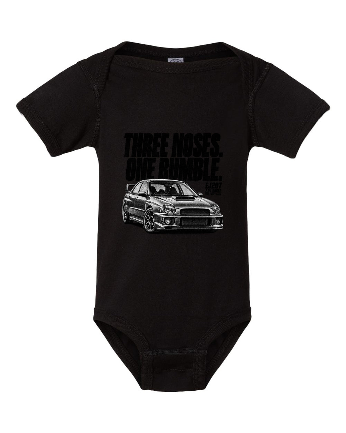 Halftone print of a Subaru Impreza WRX STi GDB with Blob Bug Hawk lettering black baby onesie front view with the design
