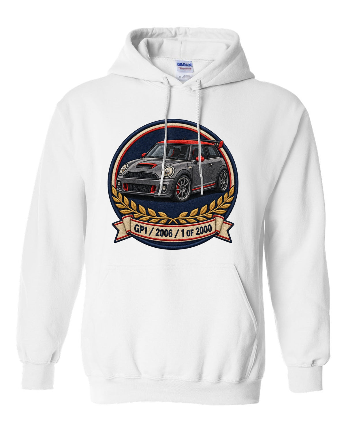 Varsity crest for the Mini Cooper GP1 2006, 1 of 2000 white pull over hoodie front view with the design
