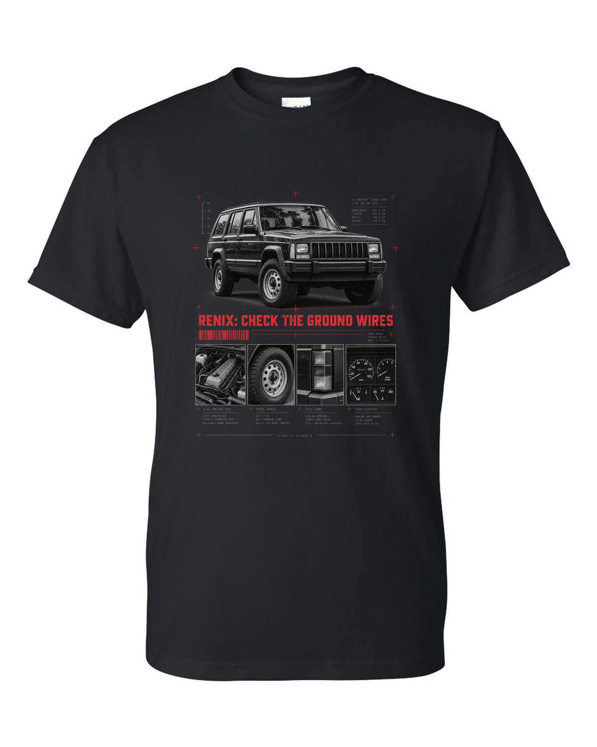 Dossier panel print for the Jeep Cherokee XJ Renix era, 1987-1990 4.0L black t-shirt front view with the design