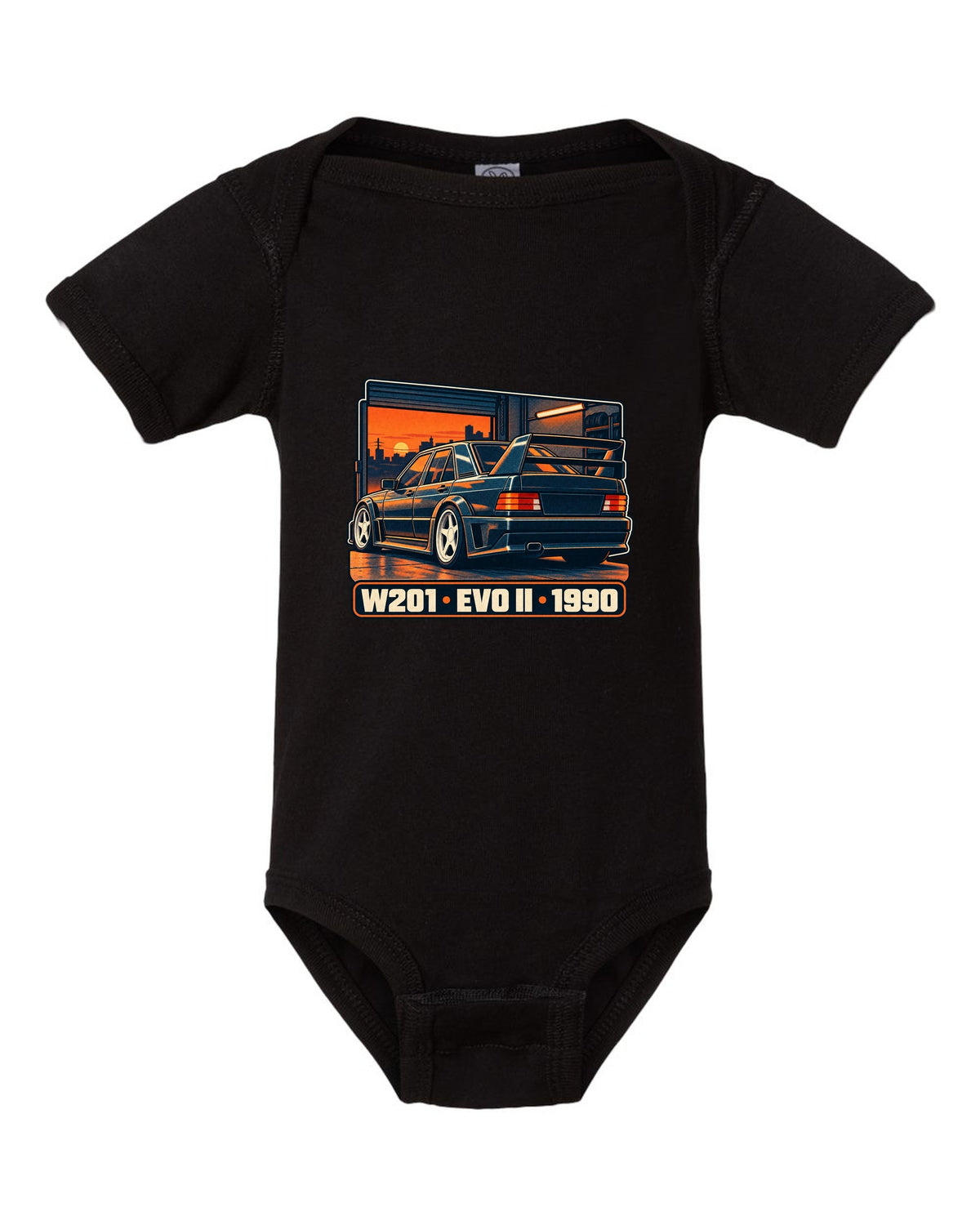 Risograph two-colour halftone print of a Mercedes-Benz 190E Evo II W201 in a garage at dusk black baby onesie front view with the design