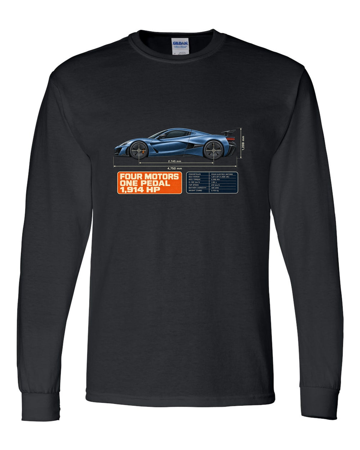 Rimac Nevera 2021 dimension blueprint print with four motors one pedal 1,914 hp text black long sleeve front view with the design