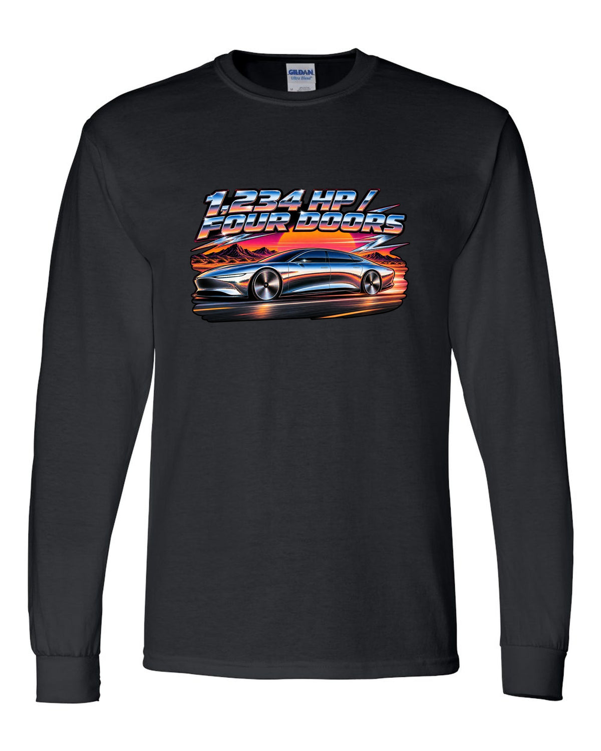 Lucid Air Sapphire 80s airbrush chrome poster print with the text 1,234 hp four doors black long sleeve front view with the design