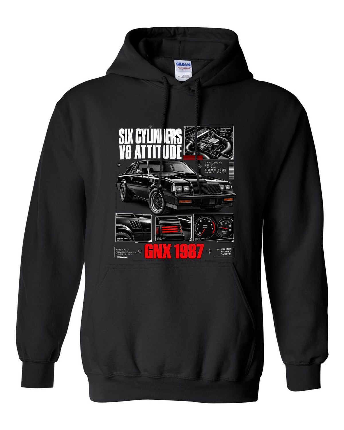 print dossier panels of a 1987 Buick GNX with six cylinders V8 attitude lettering black pull over hoodie front view with the design