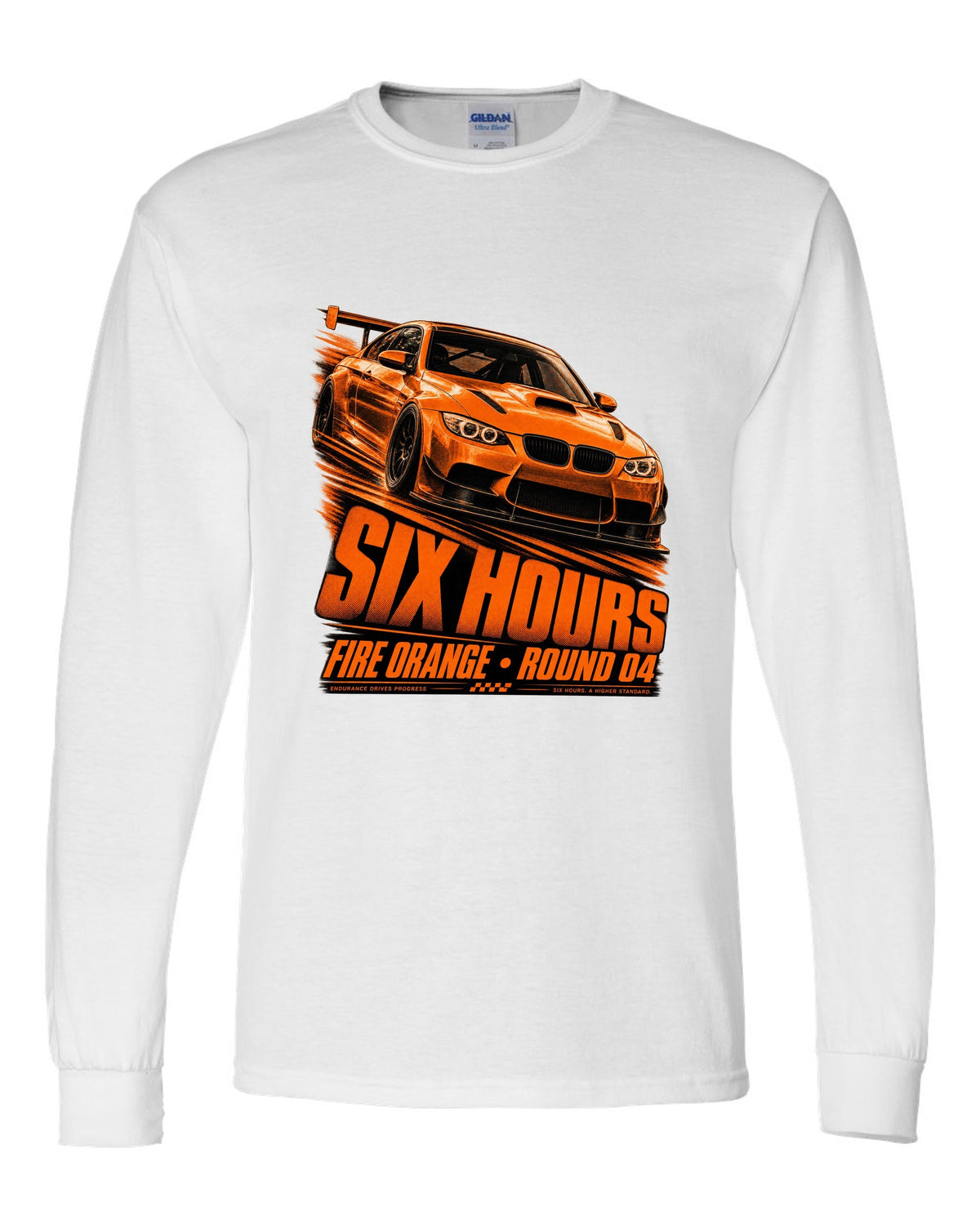 BMW E92 M3 GTS race poster print with Fire Orange round four lettering white long sleeve front view with the design