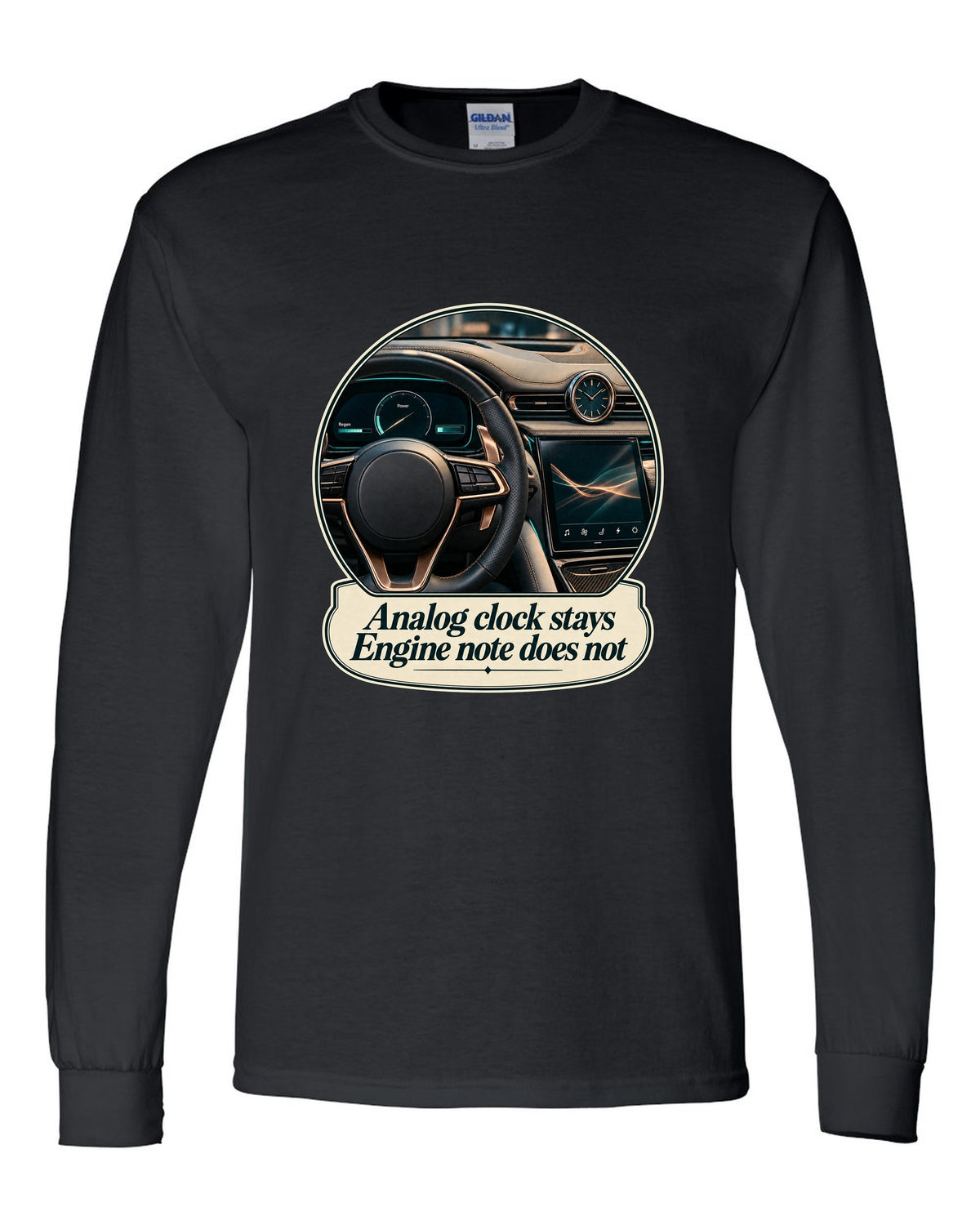 Maserati GranTurismo Folgore cockpit with analog clock, print black long sleeve front view with the design