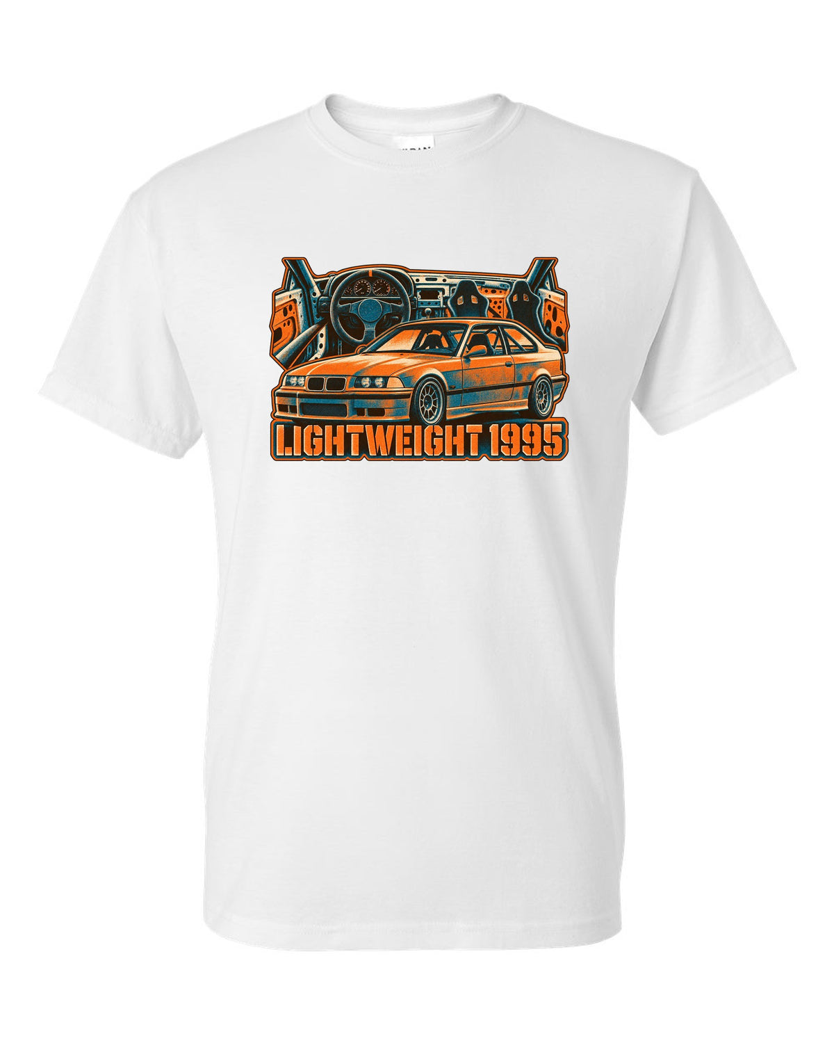 Watercolour wet-road night illustration of a BMW E36 M3 coupe in a garage with coolant flange fund text white t-shirt front view with the design
